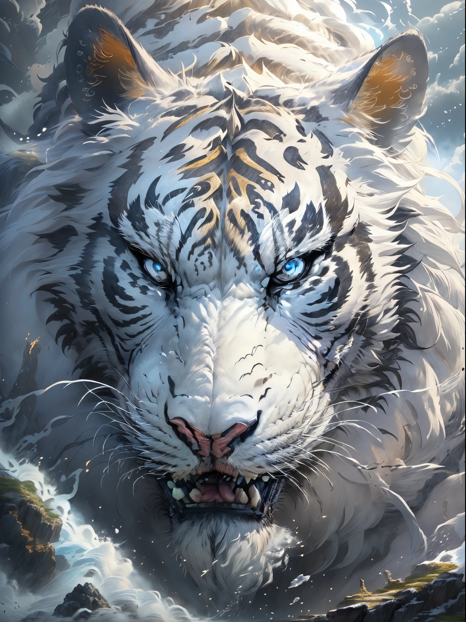 (Best quality at best,tmasterpiece, iintricate,hyper-detailing,Extremely detailed CG unified wallpaper) , dahuangdongjing,A mythical beast in Chinese mythology(the white tiger),White tiger resembles a huge white tiger,Huge and powerful。It has a majestic body and sharp claws,The whole body is covered with fur as white as snow,White tigers usually have a pair of short horns on their heads,And both eyes radiate light like lightning,Surrounded by lightning,Surrounded by white clouds,dreamland wonderland、Genting Heavenly Palace,,The mountain is very steep,strange rocks,Fantastical,Ogre、square、Riding,Faraway view,(Best quality at best,tmasterpiece, iintricate,hyper-detailing,RAW photogr,8K,hyper HD,超高分辨率,Realisticstyle,A cinematic scene, Focus sharp,dramatic lights,Extremely detailed CG unified wallpaper,Chinese color,The colors are bright,bright,Traditional Chinese elements,((Ancient murals)),Illustrative myths,Fuyao Legend,Dappled light,Hazy haze,Mystic aura,tmasterpiece,k hd,plethora of colors,detailed detail,Seven colors)