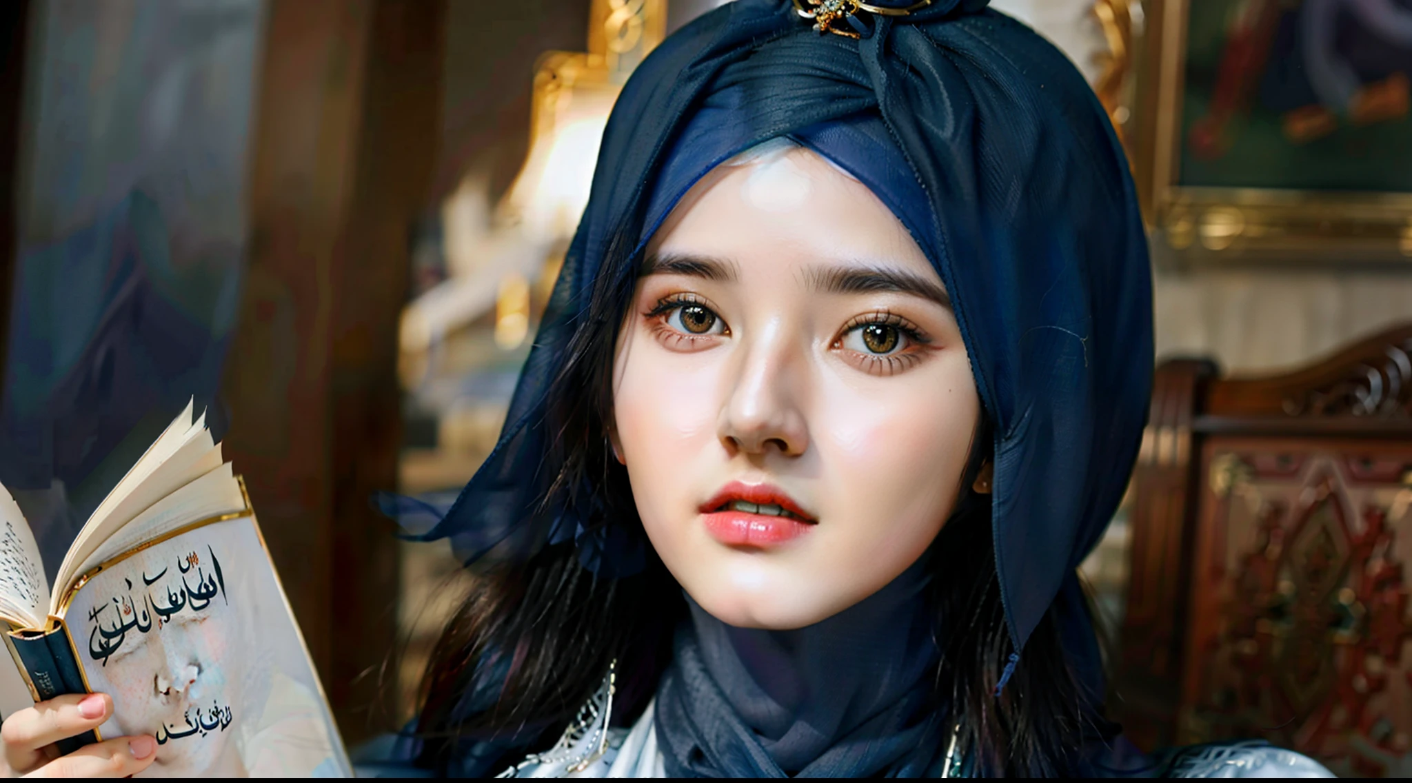 best quality, masterpiece, highres, (moslem female dress:1.4), necklace, Beautiful face, (upon body from head to waist:1.37), tyndall effect, photorealistic, dark studio, rim lighting, two tone lighting, 8k uhd, dslr, soft lighting, high quality, volumetric lighting, candid, Photograph, high resolution, 4k, 8k, Bokeh, (hyperrealistic girl), (illustration), (high resolution), (extremely detailed), (best illustration), (beautiful detailed eyes), (best quality), (ultra-detailed), (masterpiece), (wallpaper), (photorealistic), (natural light), (rim lighting), (detailed face), (high detailed realistic skin texture), (anatomically correct), (solo), (1 girl), (heterochromic eyes), (detailed eyes), (sparkling eyes), (long legs), (dynamic pose), (concentrated expression), (wearing hijab:1.4), (moslem headscarf:1.37), reading glasses.