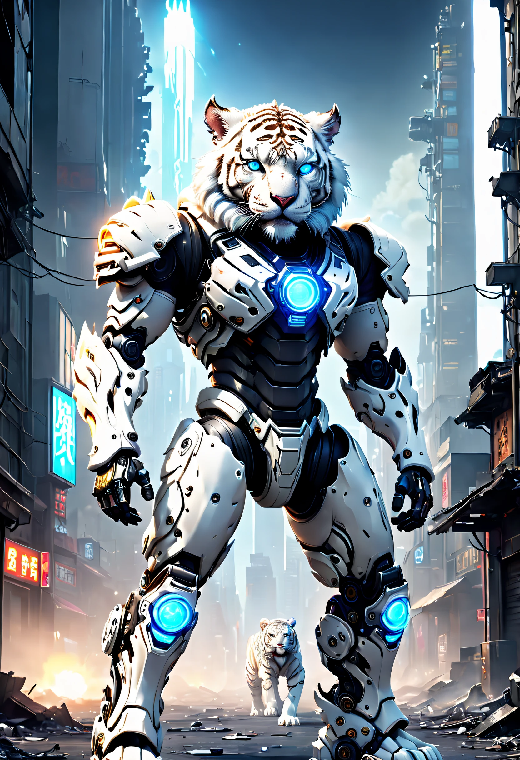 (anthropomorphic turtle:1.5),(Full body photo), cyber punk perssonage, in the middle of a, 1 White Tiger Mecha(Mechanical style white tiger head, white luminous goggles, Gas masks, Muscular limbs, fit-muscled body), Stand on two legs, Mechanical Wonder, Damage to machine components,No Man, rays of moonlight, dreamy glow, city ruins, ( globalillumination, Ray traching, HighDynamicRange, unreal render,Reasonable design, tmasterpiece, Best quality at best, hyper HD, 电影灯光), Tang MPl4sm4T3chXL