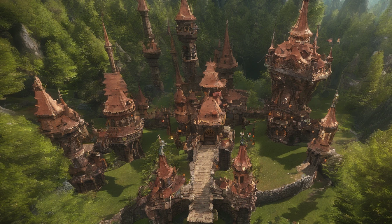 45° top-down,large scene,Wide-angle perspective,depth of fields,((Best quality at best)), ((tmasterpiece)), ((ultra - detailed)), (illustratio), (detailedlight),A dark dungeon with a weapons depot and a forge,Large blacksmith furnace,Iron felt,Weapon racks