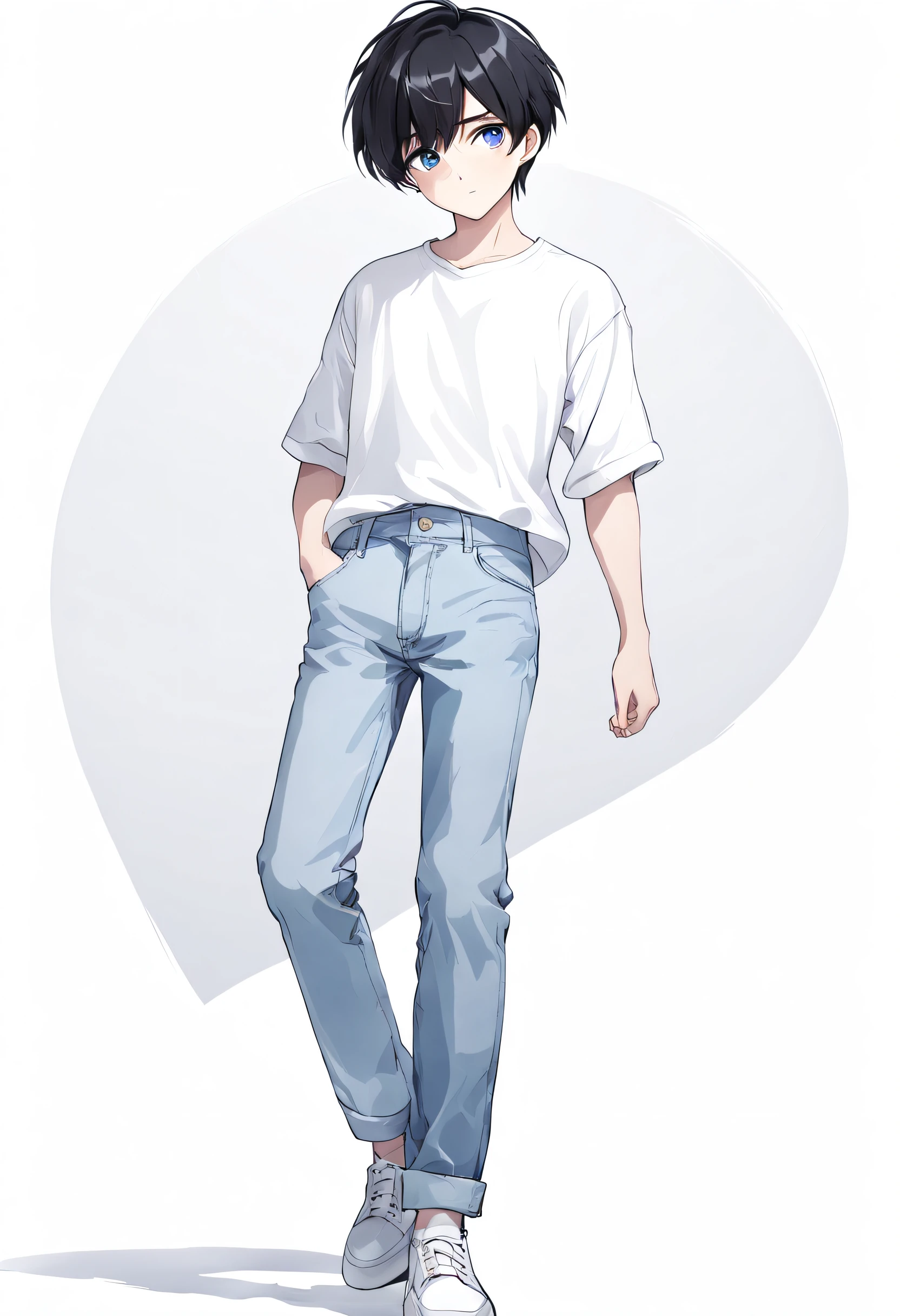 1boy, short black hair, blue eyes, well-defined and slightly arched eyebrows wearing plain white shirt, denim pants, full Body display, white background, high res, ultra sharp, 8K, master piece, looking at viewer.