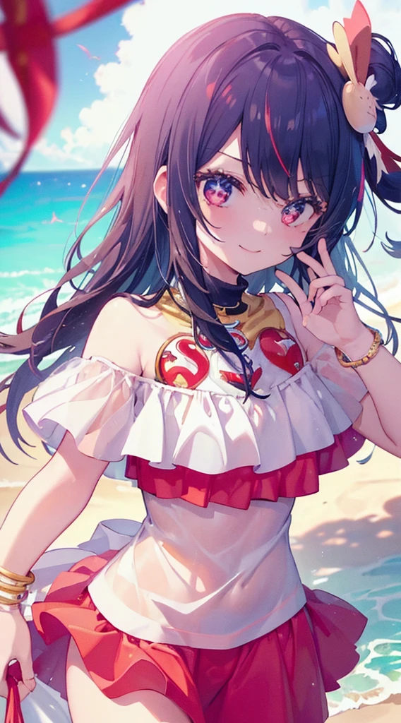 (supreme: 1.5)、(top-quality: 1.5)、hight resolution、1 girl in、the beach、maikurobikini、pale-skinned、Skin Highlights、Five-pointed star in the eye、A bracelet、a smile