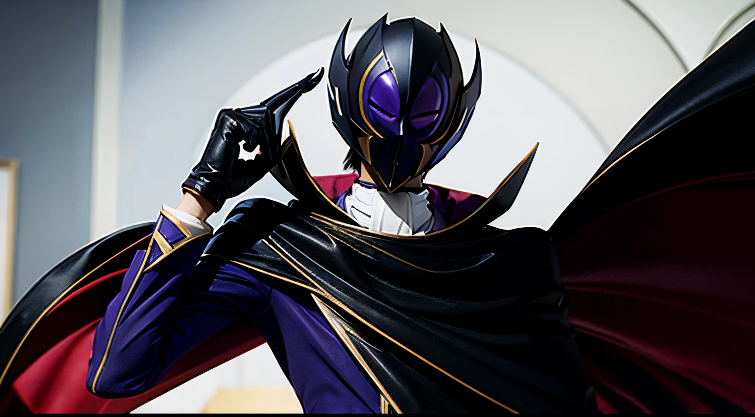 masterpiece, best quality, solo, zero \(code geass\), close-up, mask on head, black cape, black gloves, cape, formal, gloves, high collar, long sleeves, mask, purple footwear, purple pants, purple suit, suit, mksks style, professional lightning, spotlight, school, classroom,