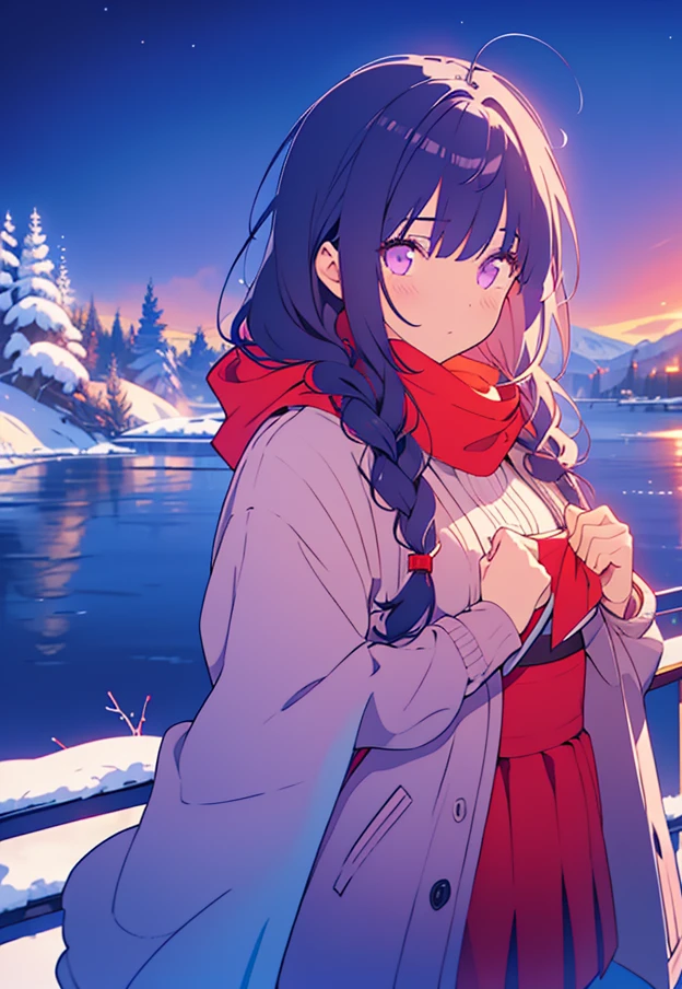 TMND-Mix_II, dreamy, long hair, dark blue hair, purple eyes, half braid hair, detailed winter suit, detailed scenery, winter, snow, frozen lake, wear red scarft