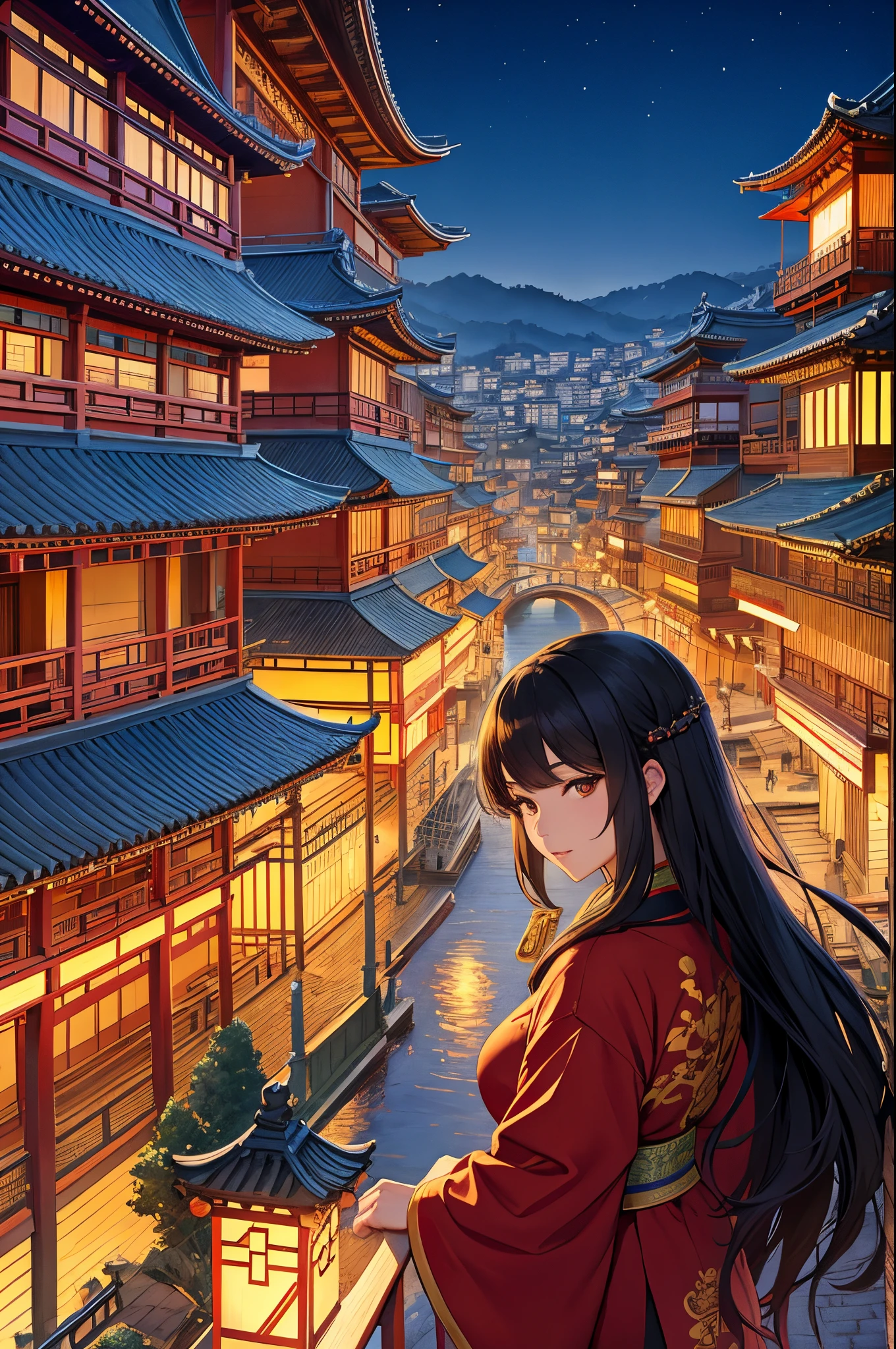 1 Lady、(​masterpiece、top-quality、top-quality、Official art、Beautifully Aesthetic:1.2)、(1girl in)、ighly detailed、(Fractal Art:1.3)、colourfull、highestdetailed、Asian architecture of the city at night with boats passing by、dreamy Chinese towns、ancient Chinese architecture、japanese city、colorful kitsune city、digital painting of a pagoda、japanese city at night、cyberpunk chinese ancient castle、beautiful render of tang dynasty、Japan Town、Inspired by Kyoto、Architecture of China、amazing wallpapers、Tower on the hill
