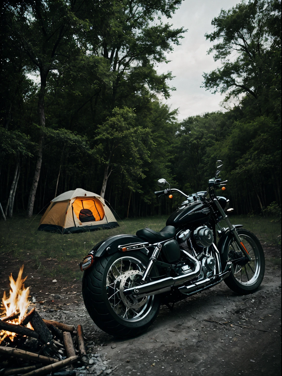 a man enjoy motorcycle and camping, skin head, harley davison, noir movie scene, campfire, relax, happay, night, forest, starlight, paking motorcycle