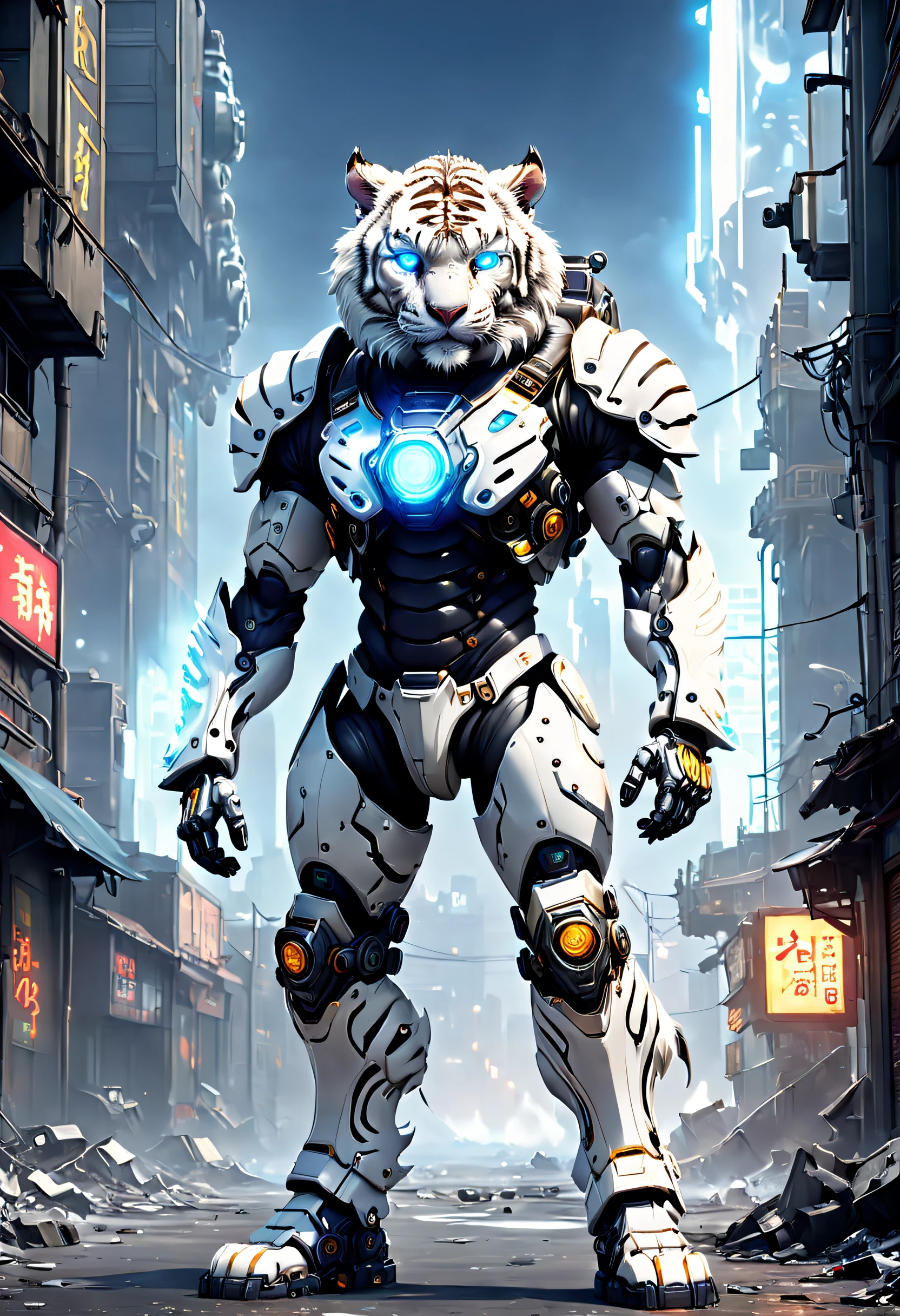 (anthropomorphic turtle:1.5),(Full body photo), cyber punk perssonage, in the middle of a, 1 White Tiger Mecha(Mechanical style white tiger head, white luminous goggles, Gas masks, Muscular limbs, fit-muscled body), Stand on two legs, Mechanical Wonder, Damage to machine components,No Man, rays of moonlight, dreamy glow, city ruins, ( globalillumination, Ray traching, HighDynamicRange, unreal render,Reasonable design, tmasterpiece, Best quality at best, hyper HD, 电影灯光), Tang MPl4sm4T3chXL