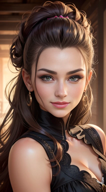 Quality (photo realistic style, UHD, 16k, Textured skin, hight resolution), portrait of a beautiful western woman, pompadour hairstyle, The perfect female face, perky smile, girl in a dress