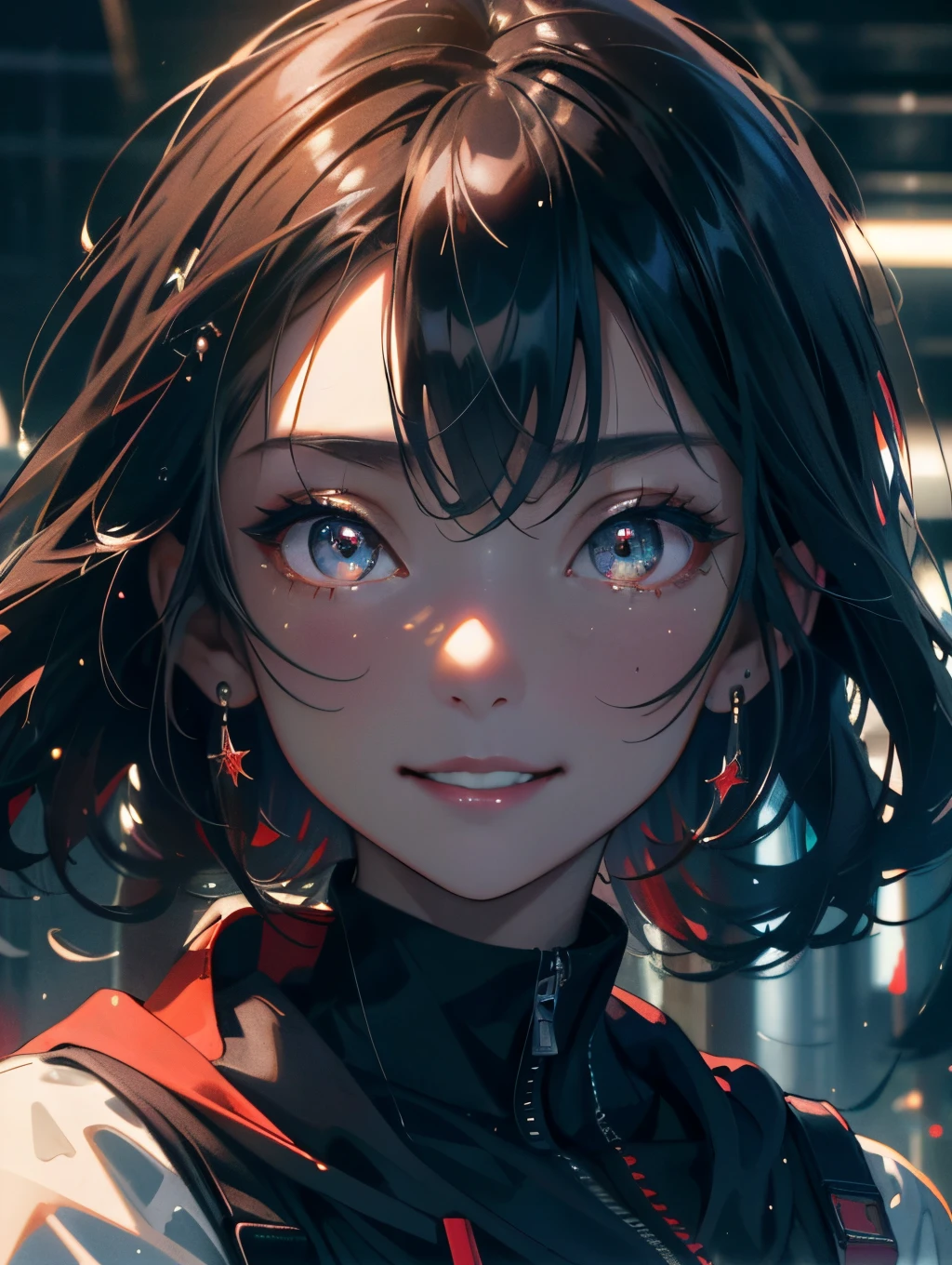 Masterpiece, 1 Beautiful Girl, Detailed, Swollen Eyes, Best Quality, Ultra High Resolution, (Reality: 1.4), Original Photo, 1Girl, Cinematic Lighting, Smiling, Japanese, Asian Beauty, Korean, Neat, Very Beautiful, Slightly Young Face, Beautiful Skin, Slender, Cyberpunk Background, (ultra realistic), (illustration), (high resolution), (8K), (very detailed), (best illustration), (beautifully detailed eyes), (super detailed), (wallpaper), (detailed face), viewer looking, fine detail, detailed face, pureerosfaceace_v1, smiling, 46 point slanted bangs, facing straight ahead facing, neat clothes, dark colored eyes, hair wet from rain, black hoodie with red lightning pattern, body facing forward,齊藤京子、