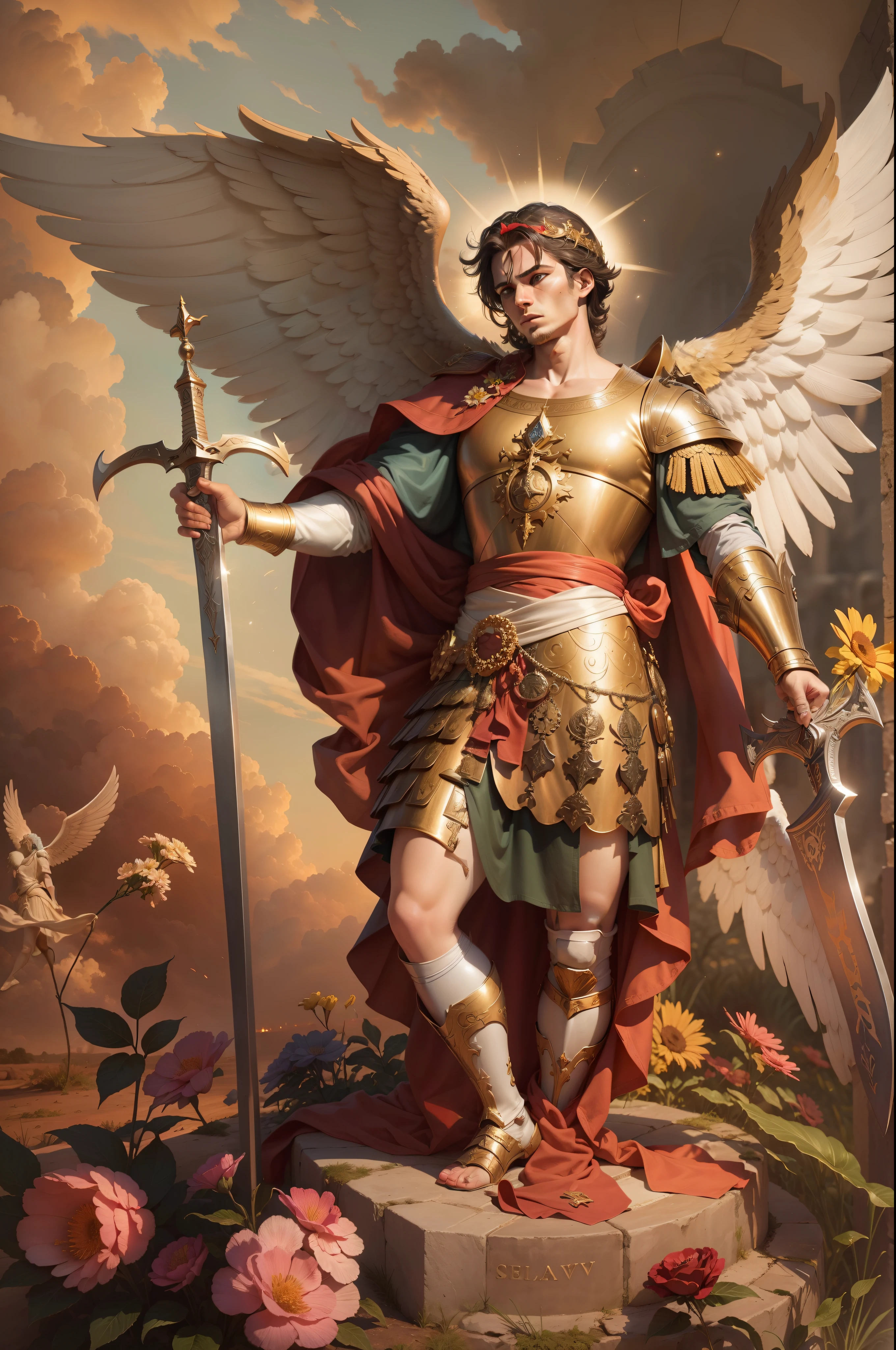 Closeup of an image a man angel with a large and long sword with attack position in the right hand, in the other left hand holding a symbol of a scale, Angel dressed as a Roman soldier looking at the ground, arcanjo homem com asas grandes, o anjo da fortuna, perfeito, Reslistic, Biblical setting, celestial scenery, sol e nuvens ultras realistas, flores e velas, illuminated archangel of heaven, Passes em segundo plano, flores coloridas, velas acesas, roupas brancas e vermelhas