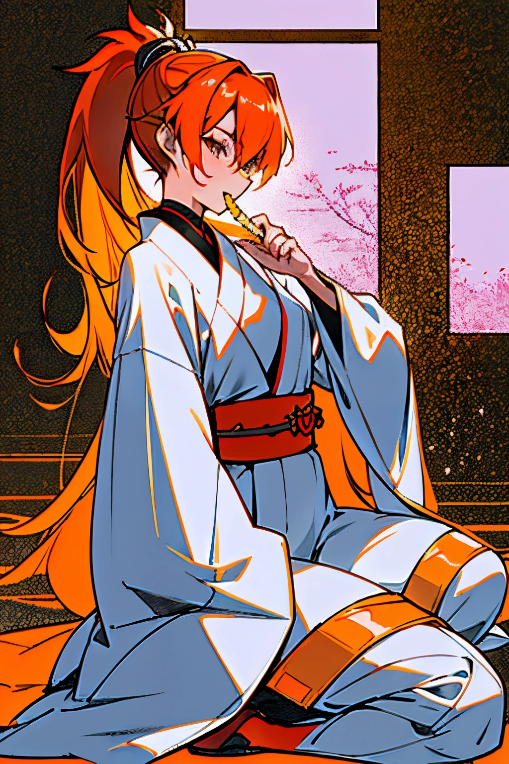 offcial art,Samurai sword,Single horsetail,(tmasterpiece,Best quality,Detailed pubic hair, 独奏, Full body lesbian, wariza, origin, medium chest sound,Wonderful and magical, Unity 8k壁纸, ultra - detailed, Beautiful and beautiful,Luigi,clothes open,bared chest, tmasterpiece, Best quality, realistically, Interface headset, tights under clothes,Wear a coat,Single ponytail for orange hair,Long gray hair,((Kimono white)), white technical clothing, Yellow and black safety tape,japanese tradition,Common,Sakura NS,Wear wooden shoes ,校服,Racing Wear,Wear a coat,Long gray hair,red hair clothes,((Kimono white)), white technical clothing, industrial setting, perfect body figure, Spacious size , Very sexy,,muscle group,Gel coat,orange colors,fansty world,Clean design,Epic Instagram