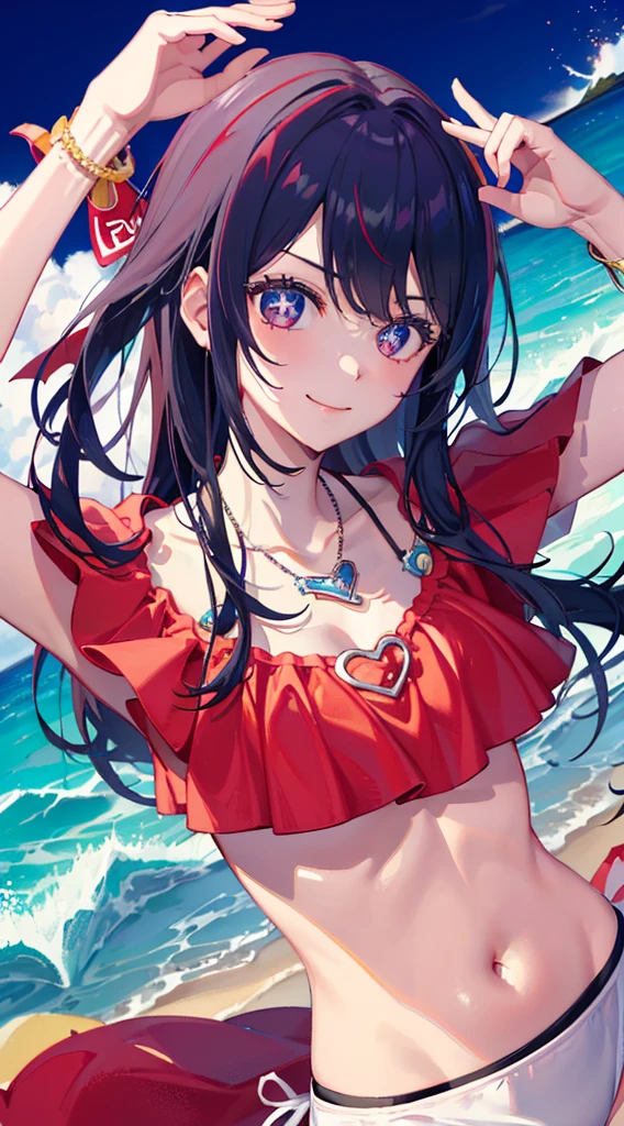 yuukikonno, Yuki Konno, hair band, Long Hair, Pointy Ears, Purple Hair, (Red eyes:1.5), (Small breasts:1.2), Grin,smile,purple bikini swimsuit,Oversized red t-shirt,One Shoulder,barefoot,Palm tree,He has a swim ring on his right arm,Palm tree,True Summer,whole bodyがイラストに入るように,walk,
break looking at viewer, whole body,(Cowboy Shot:1. 5)
break outdoors, Beach,Sandy Beach,
break (masterpiece:1.2), highest quality, High resolution, unity 8k wallpaper, (shape:0.8), (Beautiful details:1.6), Highly detailed face, Perfect lighting, Extremely detailed CG, (Perfect hands, Perfect Anatomy),
