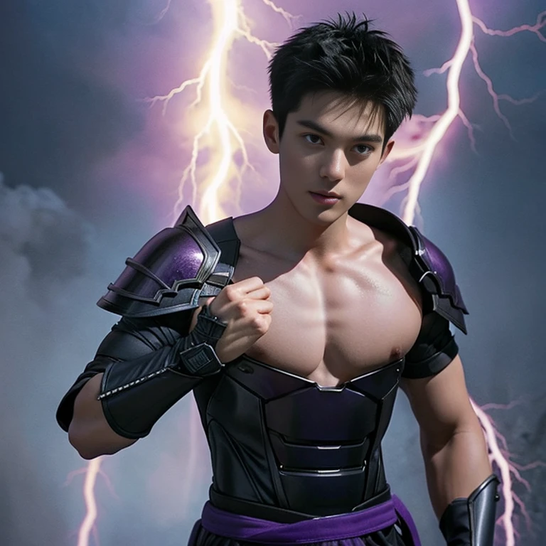 Boy, handsome, sixpack, charming,cute,dark armor, purple lightning,magic, energy ball In chest,Hands energized and there's lightning in hand, dragon, shadow, Knight, realistic, ultra detail, perfect face, perfect eyes, white skin, purple eye, Sword in left hand, Purple thunderstorm,wearing tight underwear,Lightning energy radiated from the underwear.