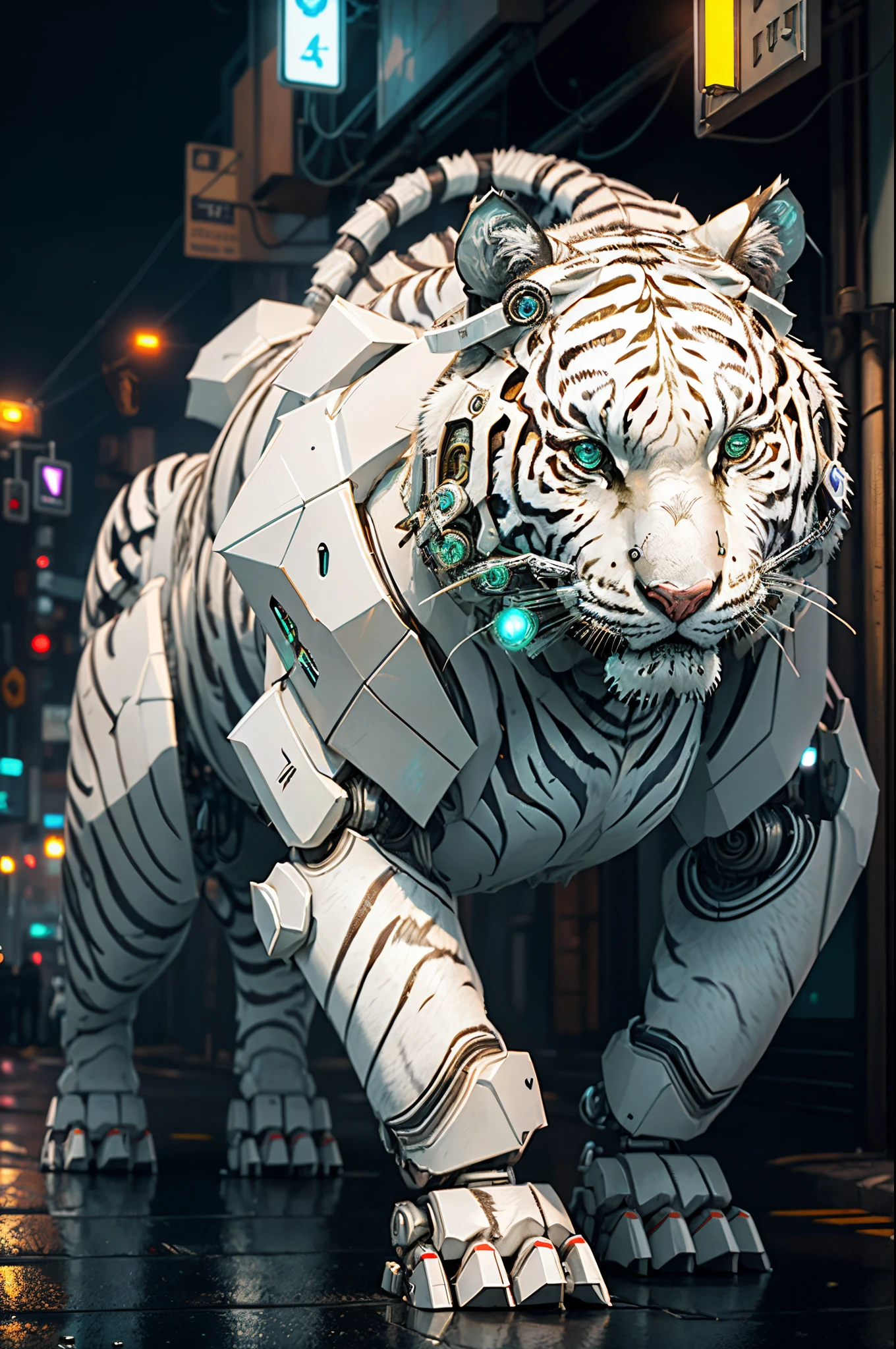 masterpiece, award winning CGI, highly detailed, centered, (robotic white tiger:1.3), Mech4nim4lAI, robotic flesh, cyberpunk theme, sci-fi, cyberpunk street city background, night, rain, neon light, volumetric lighting, global illumination, bokeh, (epic composition, epic proportion), HD