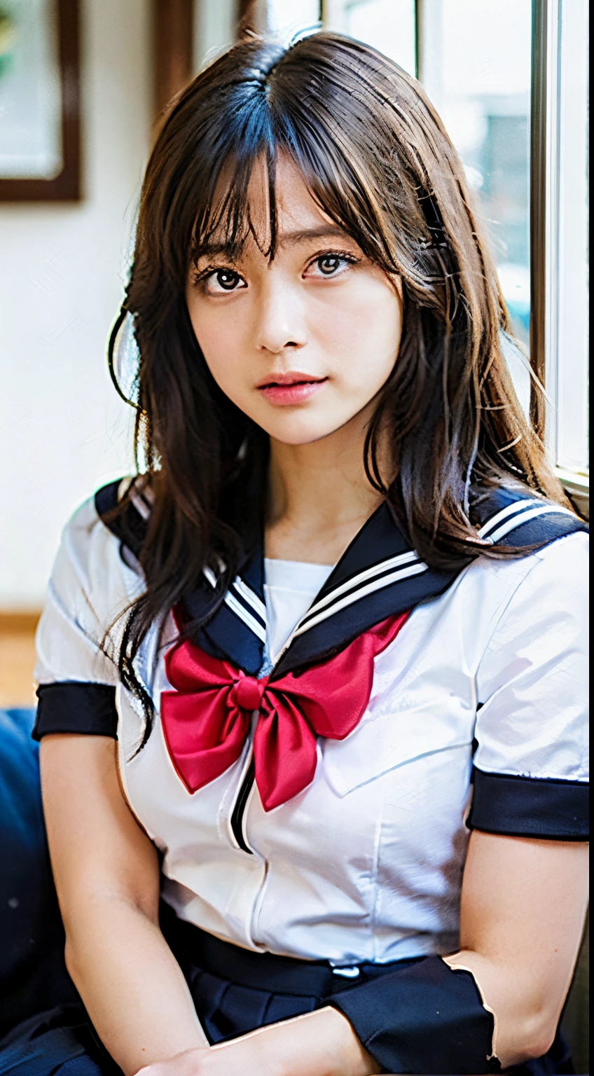 (masutepiece, Best Quality:1.2), 8K, Official art, Raw photo, unbelievable Ridiculous, (Upper body, Sailor Uniform, serafuku, Sitting:1.4), Beautiful Girl, Idol face, arching back down, Pleated skirt, thighs thighs thighs thighs, close up, School uniform, Short sleeve, gardenia, violaceaess, Teen, crass room, Looking at Viewer, No makeup, Film grain, chromatic abberation, Sharp Focus, face lights, Dynamic lighting, Cinematic lighting, Detailed face, Bokeh background, (Dark red bow tie:1.3)