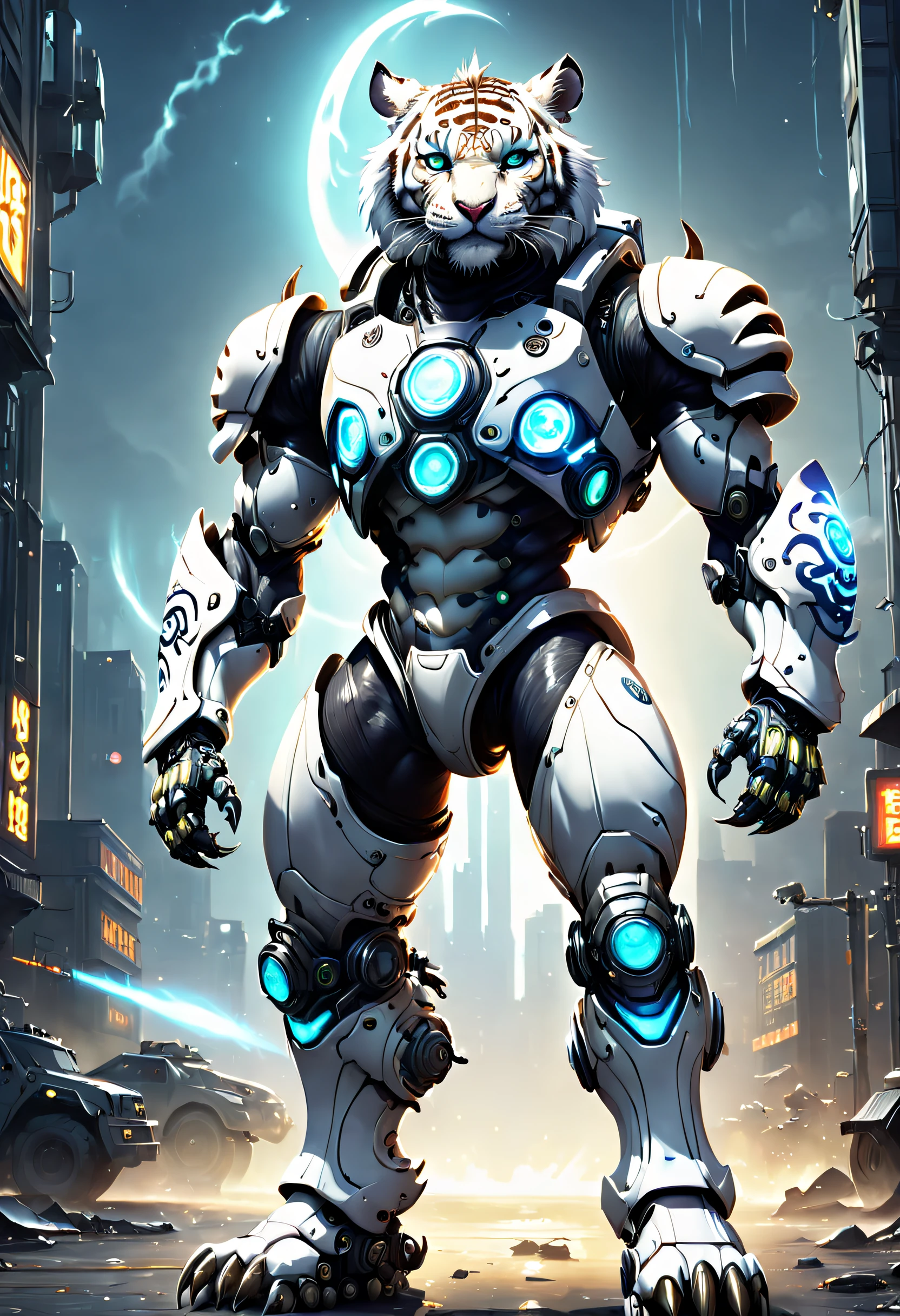 (anthropomorphic turtle:1.5),(Full body photo),cyber punk personage,middle,1 White Tiger Mecha(Mechanical white tiger head,White luminous goggles,Gas masks,Muscular limbs,musculous),Stand on both legs,((sharp talons)),Mechanical Wonder,Mechanical parts are damaged,without humans,rays of moonlight,Fantastic brilliance,destroyed city,(globalillumination、Ray traching、HighDynamicRange、Unrealistic rendering、Rational design、tmasterpiece、Best quality at best、hyper HD、电影灯光)