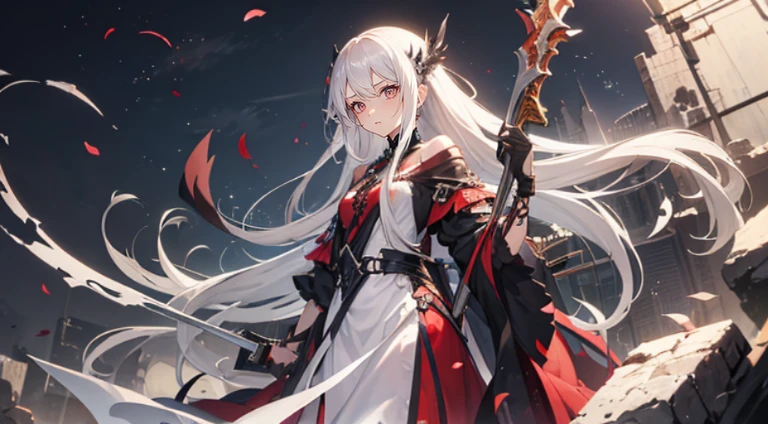 Silver-haired beauty length hair burn scar ash ruins bloods loimu fumo rusted and broken weapons