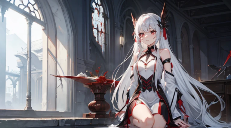 Silver-haired beauty　length hair　burn scar　ash　ruins　bloods　loimu　fumo　rusted and broken weapons