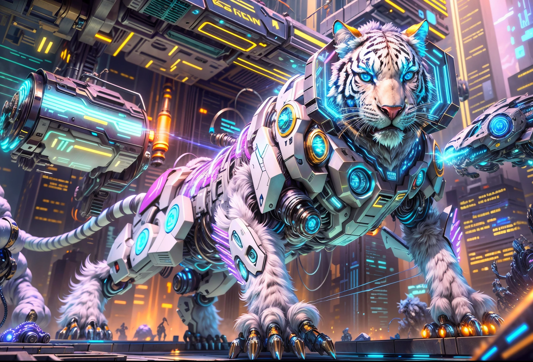 (Best quality at best, 8K,A high resolution,tmasterpiece:1.2),ultra - detailed),future robot animal white tiger,full body shot of,Colorful neon lights,High-tech mechanical parts,Metal claws and body,Metal head and mouth,Metal fur,Very cool,Metal legs,Bionic eye,Detailed fur design,Open your mouth wide,Electric blue and vivid purple,Vivid glowing eyes,Reflective metal surface,The environment is gloomy,dynamicposes,The presence of majesty,Technological progress,Interlocking mechanical gears,Dynamic and stylish design,motion blur effect,Meticulous craftsmanship,sci-fi vibes,Streamlined aerodynamic shape,Laser scanning pattern,holographic projections,Light-emitting circuit lines,unforgettably beautiful,otherworldly precision,Advanced sensors,complex algorithm,Ominous and mysterious atmosphere,electric sparks,Shiny chrome plating,Propulsion systems of the future, Mech4nim4lAI