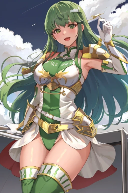 palla_valentian, 1girl, solo, long hair, looking at viewer, smile, open mouth, thighhighs, gloves, dress, :d, thighs, ((Tight leotard)), ((sexy pose)), ((Wrestling ring)), elbow gloves, belt, cloud, white gloves, white dress, armor, blue sky, grass, shoulder armor, pelvic curtain, breastplate