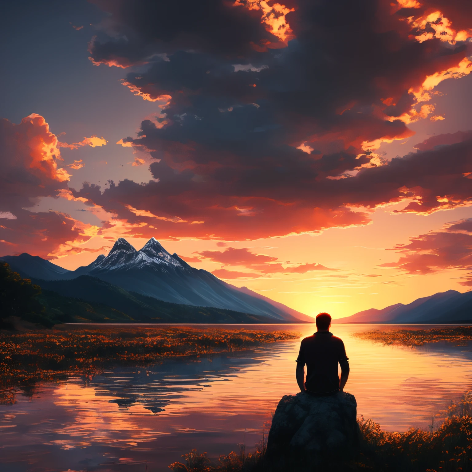 Painting, sunset, man staring into the distance, mountain, lake, sad vibe, Clouds form the words "A Beautiful Place To Cry"