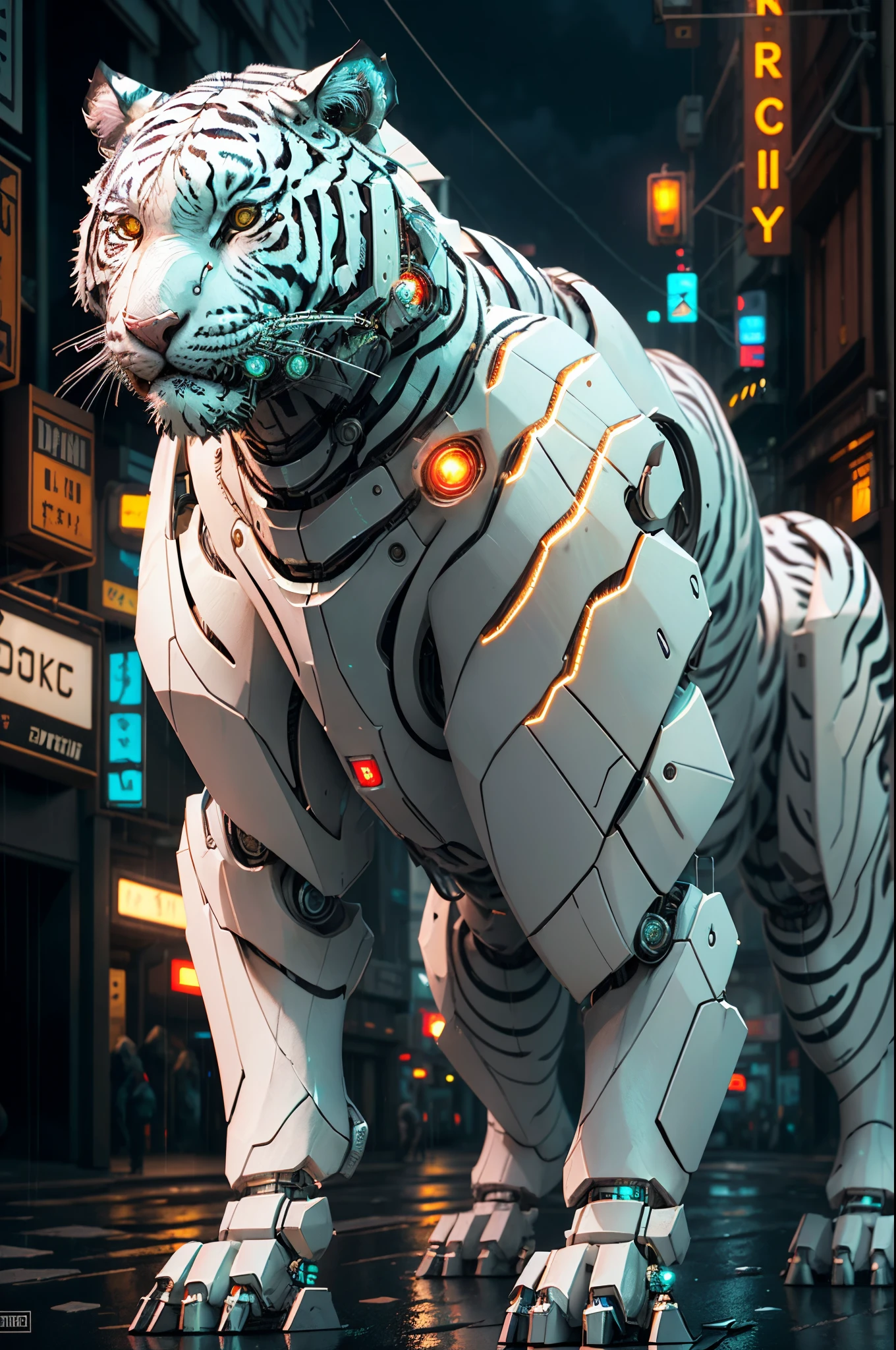 masterpiece, award winning CGI, highly detailed, centered, (robotic white tiger:1.3), Mech4nim4lAI, robotic flesh, cyberpunk theme, sci-fi, cyberpunk street city background, night, rain, neon light, volumetric lighting, global illumination, bokeh, (epic composition, epic proportion), HD