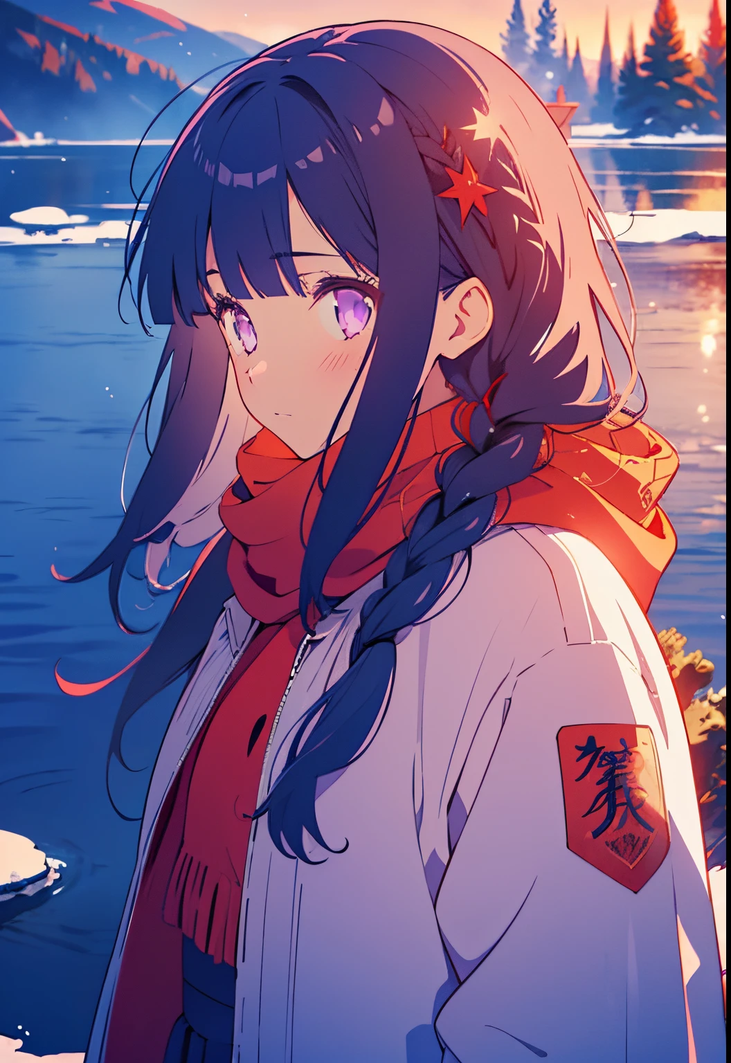 TMND-Mix_II, dreamy, long hair, dark blue hair, purple eyes, half braid hair, detailed winter suit, detailed scenery, winter, snow, frozen lake, wear red scarft, hinata hyuga, blunt bangs