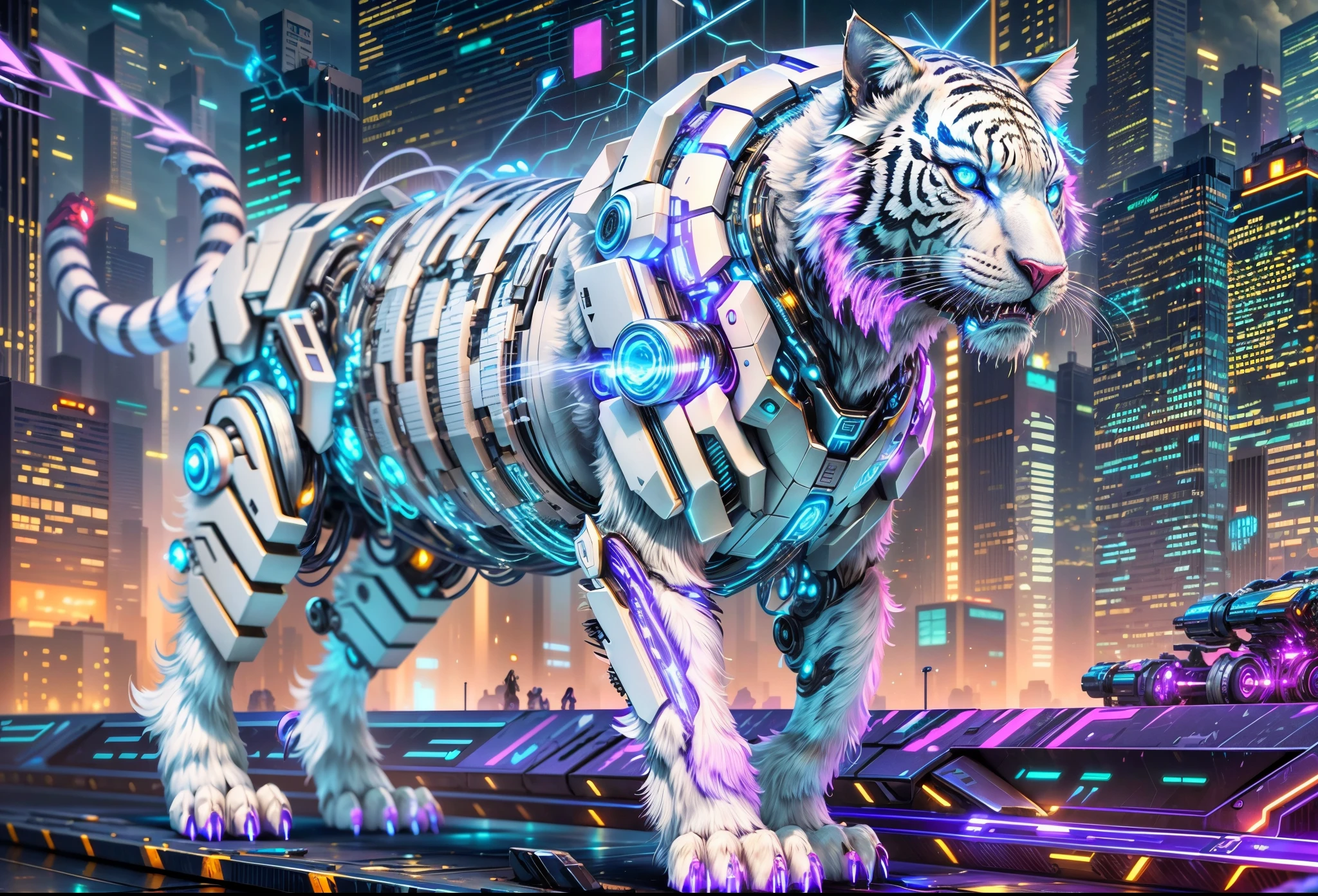 (Best quality at best, 8K,A high resolution,tmasterpiece:1.2),ultra - detailed),future robot animal white tiger,full body shot of,Colorful neon lights,High-tech mechanical parts,Metal claws and body,Metal head and mouth,Metal fur,Very cool,Metal legs,Bionic eye,Detailed fur design,Open your mouth wide,Electric blue and vivid purple,Vivid glowing eyes,Reflective metal surface,The environment is gloomy,dynamicposes,The presence of majesty,Technological progress,Interlocking mechanical gears,Dynamic and stylish design,motion blur effect,Meticulous craftsmanship,sci-fi vibes,Streamlined aerodynamic shape,Laser scanning pattern,holographic projections,Light-emitting circuit lines,unforgettably beautiful,otherworldly precision,Advanced sensors,complex algorithm,Ominous and mysterious atmosphere,electric sparks,Shiny chrome plating,Propulsion systems of the future, Mech4nim4lAI