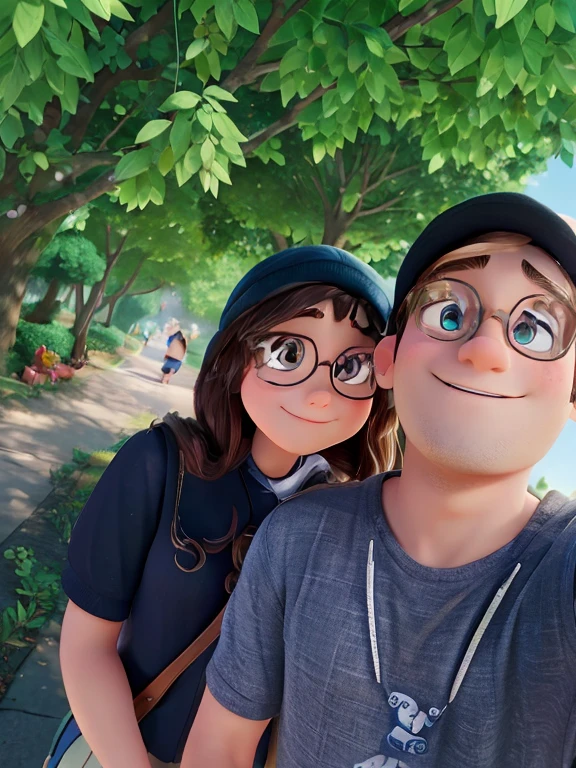 Couple disney pixar. The girl is wearing a glasses and the guy is wearing a backward cap. Taking a selfie together with a background of the trees in the street