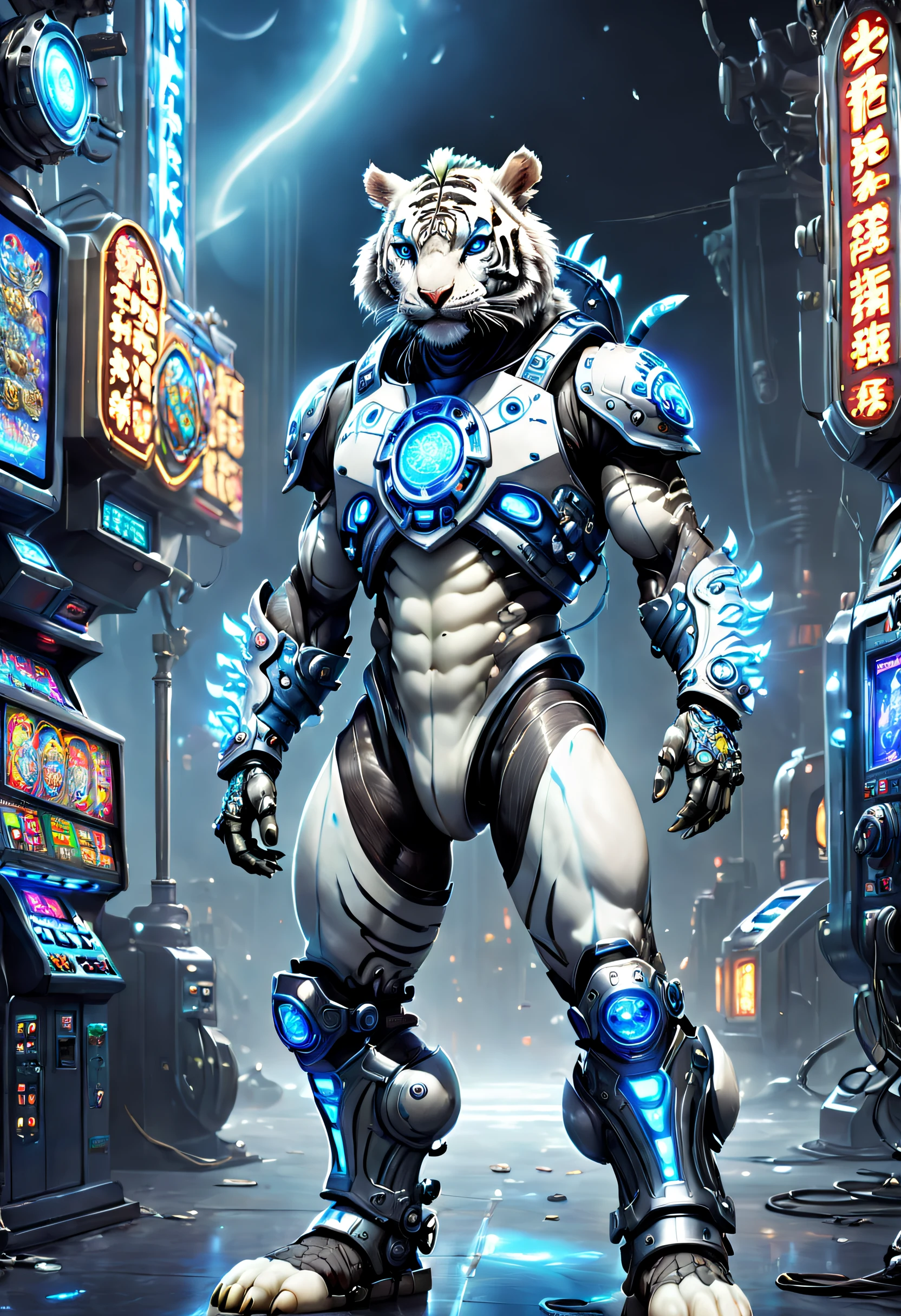 （anthropomorphic turtle：1.5），（Full body photo），cyber punk personage，middle，1 white slot mecha，（Mechanism white tiger head，Blue glowing goggles，Gas masks，Muscular limbs，musculous），Stand on both legs，Mechanical Wonder，Mechanical parts are damaged，without humans，rays of moonlight，Fantastic brilliance，destroyed city，（globalillumination、Ray traching、HighDynamicRange、Unrealistic rendering、Rational design、tmasterpiece、Best quality at best、hyper HD、电影灯光）