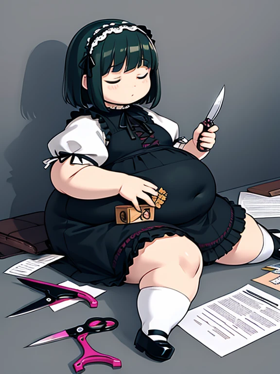 wariza,hand between legs,obese child,(masterpiece,Highest Quality),shortsleeves,Blue-green Gothic Lolita,Sleepy face,A dark-haired,Medium bob,utility knife,Small scissors,paper craft