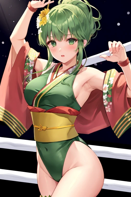 palla, 1girl, solo, ((Tight leotard)), ((sexy pose)), ((Wrestling ring)), hair ornament, cowboy shot, flower, japanese clothes, hair flower, kimono, sash, obi, tabi, checkered clothes, hair up, green kimono