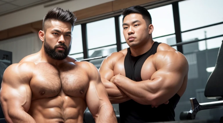 (Very detailed 8k wallpaper), two asian men, muscle worship, arms folded, At the gym, high detailing, buzzcut, very large and strong body, bulging muscles, well-muscled, very large pectoral muscles. Very sexy abs, legs are muscular, Toned figure, lightens oily skin, muscular, Tank top, T-shirt, longshot, Wide Shot