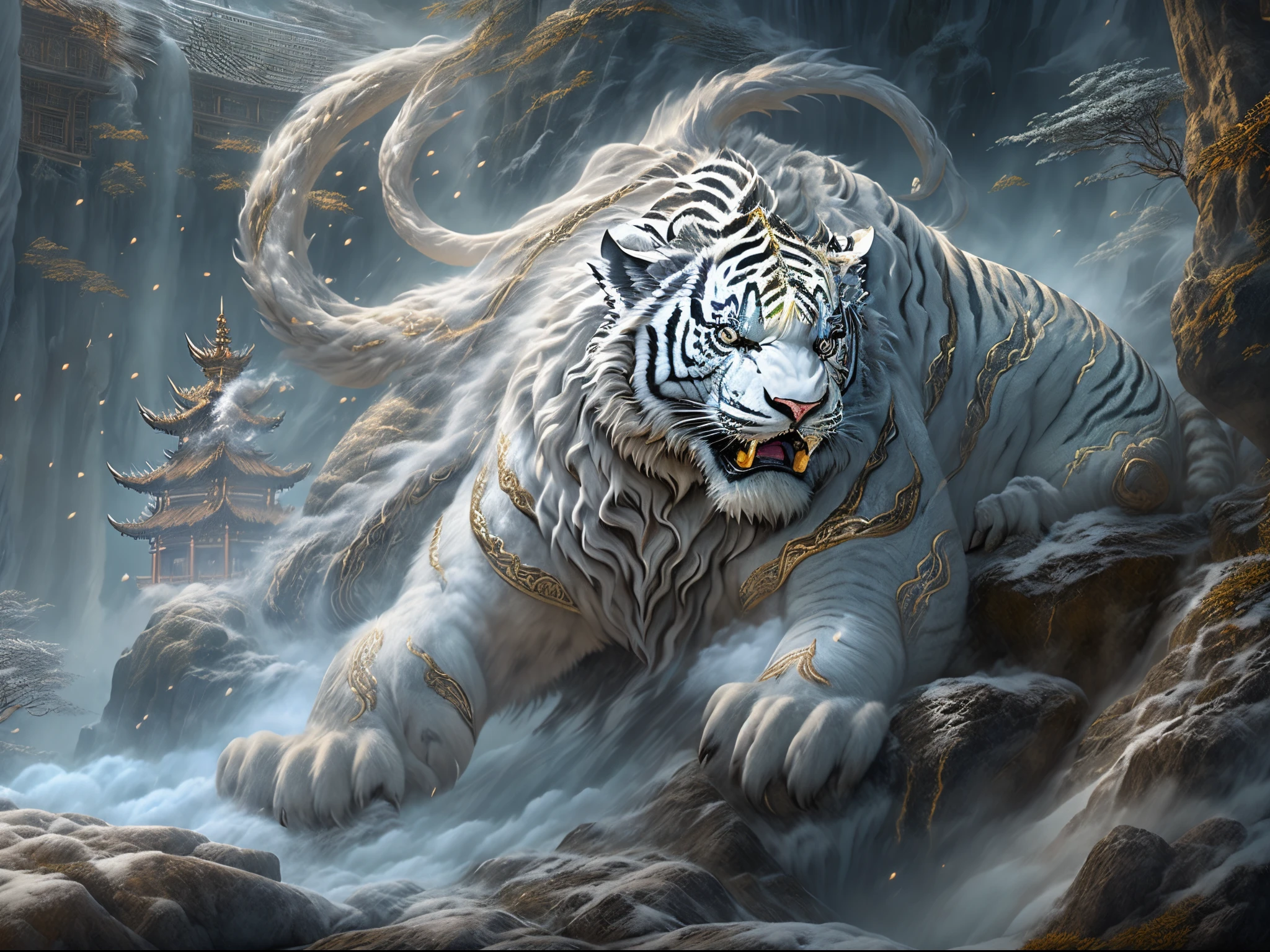 (Best quality at best,tmasterpiece, iintricate,hyper-detailing，Extremely detailed CG unified wallpaper) , dahuangdongjing，A mythical beast in Chinese mythology(the white tiger),White tiger resembles a huge white tiger，Huge and powerful。It has a majestic body and sharp claws，The whole body is covered with fur as white as snow，White tigers usually have a pair of short horns on their heads，And both eyes radiate light like lightning，Surrounded by lightning，Surrounded by white clouds，dreamland wonderland、Genting Heavenly Palace，，The mountain is very steep，strange rocks，Fantastical，Ogre、square、Riding，Faraway view，(Best quality at best,tmasterpiece, iintricate,hyper-detailing，RAW photogr,8K，hyper HD,超高分辨率,Realisticstyle,A cinematic scene, Focus sharp,dramatic lights,Extremely detailed CG unified wallpaper，Chinese color，The colors are bright，bright，Traditional Chinese elements，（（Ancient murals）），Illustrative myths，Fuyao Legend，Dappled light，Hazy haze，Mystic aura，tmasterpiece，k hd，plethora of colors，detailed detail，Seven colors)