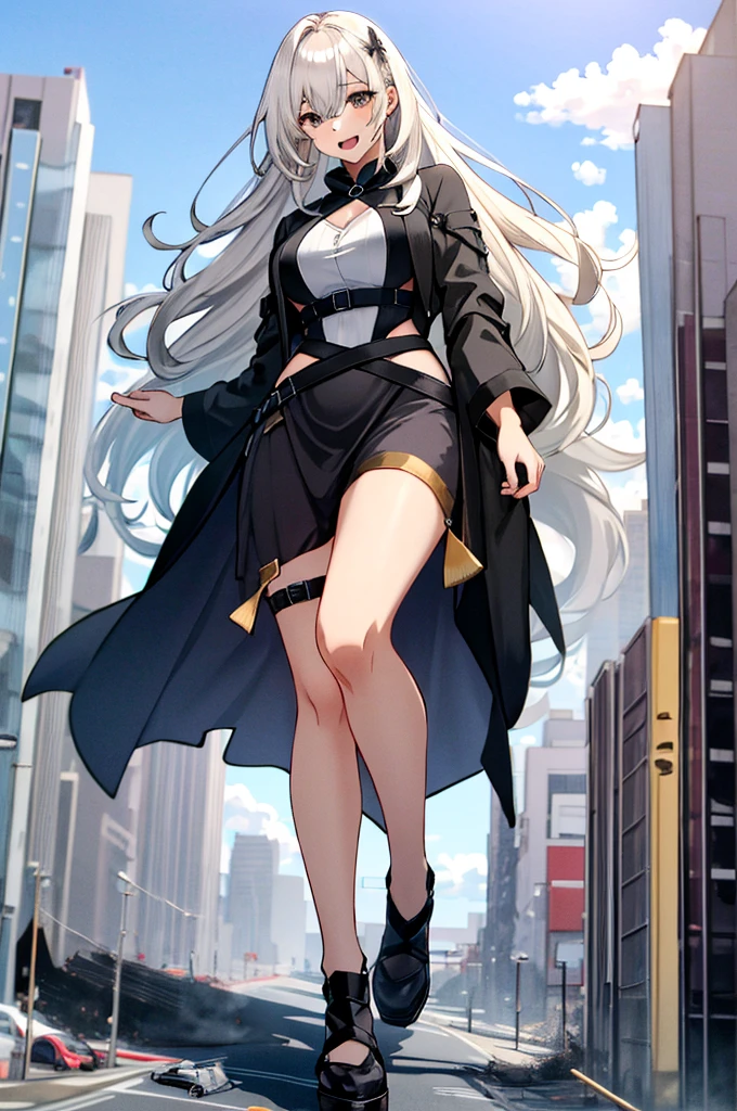 top-quality、Top image quality、​masterpiece, 
(1 girl, solo:1.3), (detailed shaded pretty face), shiny skin, (exposed skin:0.8), (beautiful detailed eyes:1.1), (Sparkling eyes:1.0), slant eyes, Breasts wide open,You can see a large valley, (laughter:1.3), stylish pose, (full body shot:1.0), casual cloths, red and black cloths,
giantess, gts, tall female, rampage, skyscrapers,