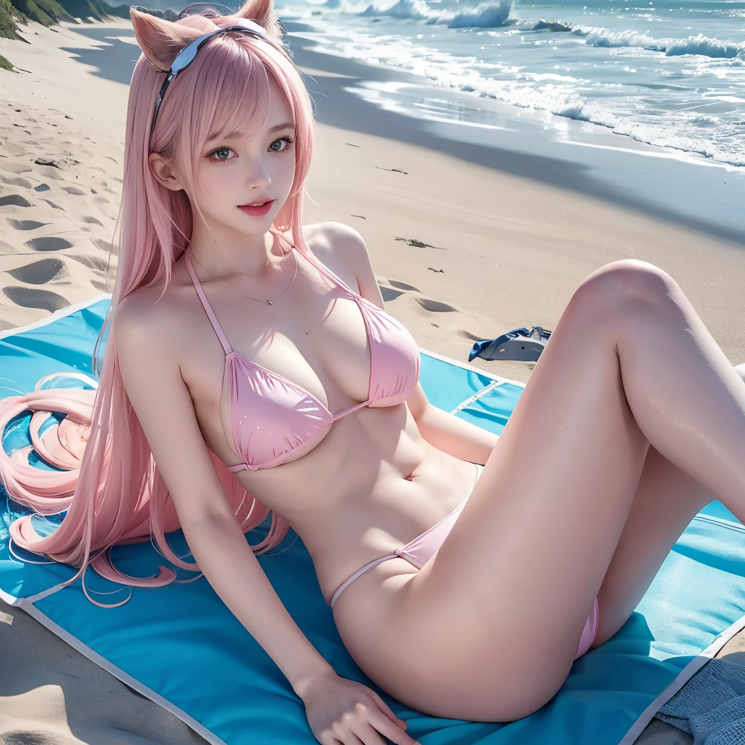 18 year old girl lying on the beach，full-body portraits（1：1），seduct smile，The corners of the mouth are raised，exposed teeth，Spread your legs to the left and right，sexual expressio，Large erect breasts ，Transparent three-point mini bikini swimsuit，Panties to the crotch，long light pink hair， looking at the camera in，landscape of a beach