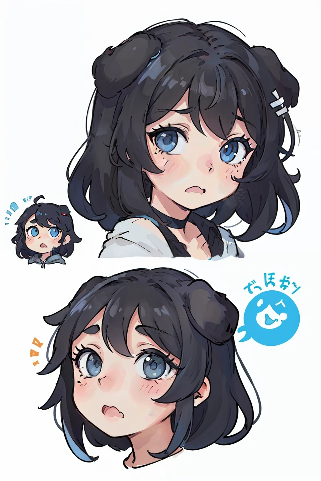 Cute puppy,black color hair,Black dog ears,Light blue eyes,Various expressions,Be proud,proud,laughingly,Tsundere,expression,adorable eyes,White BE, illustration-nii 5-style cute, emoji as illustration set, with boold manga line style,
dynamic pose dark white,,f/64 groups,related characters,Old
Meme Kernel