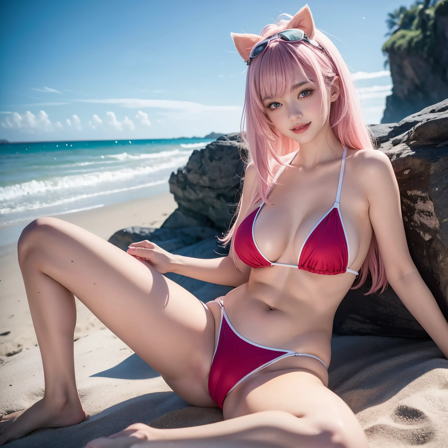 18 year old girl lying on the beach,full-body portraits(1:1),seduct smile,The corners of the mouth are raised,exposed teeth,Spread your legs to the left and right,sexual expressio,Large erect breasts ,Transparent three-point mini bikini swimsuit,Panties to the crotch,long light pink hair, looking at the camera in,landscape of a beach