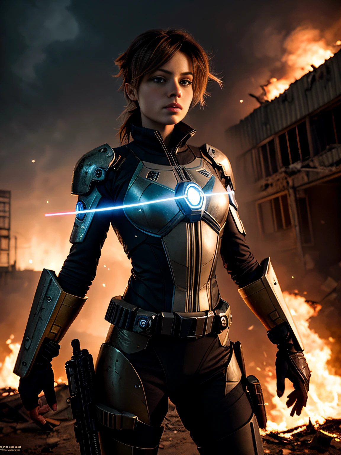 RAW photograph,  Russian girl 18 years old , beautiful face, beautiful facial features,  dirty sweaty face, long dirty blonde hair, wind blown hair, wearing sheer iridescent transparent futuristic armor, erotic, Against the backdrop of a desolate post-apocalypse, action pose, futuristic laser rifle in hand aiming forward and shooting, destroyed buildings, Carcasses of burnt war vehicles, tracer bullet flares on background, Oppressive atmosphere, Dark skies, photo realism, sharp-focus, fallout, science fiction, cinematic scene,