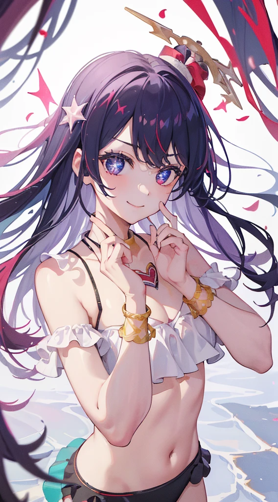 (Incredibly ridiculous absolute resolution:1.5)、(supreme: 1.5)、(top-quality: 1.5)、hight resolution、1 girl in、the beach、The bikini、pale-skinned、Skin Highlights、Five-pointed star in the eye、A bracelet、a smile