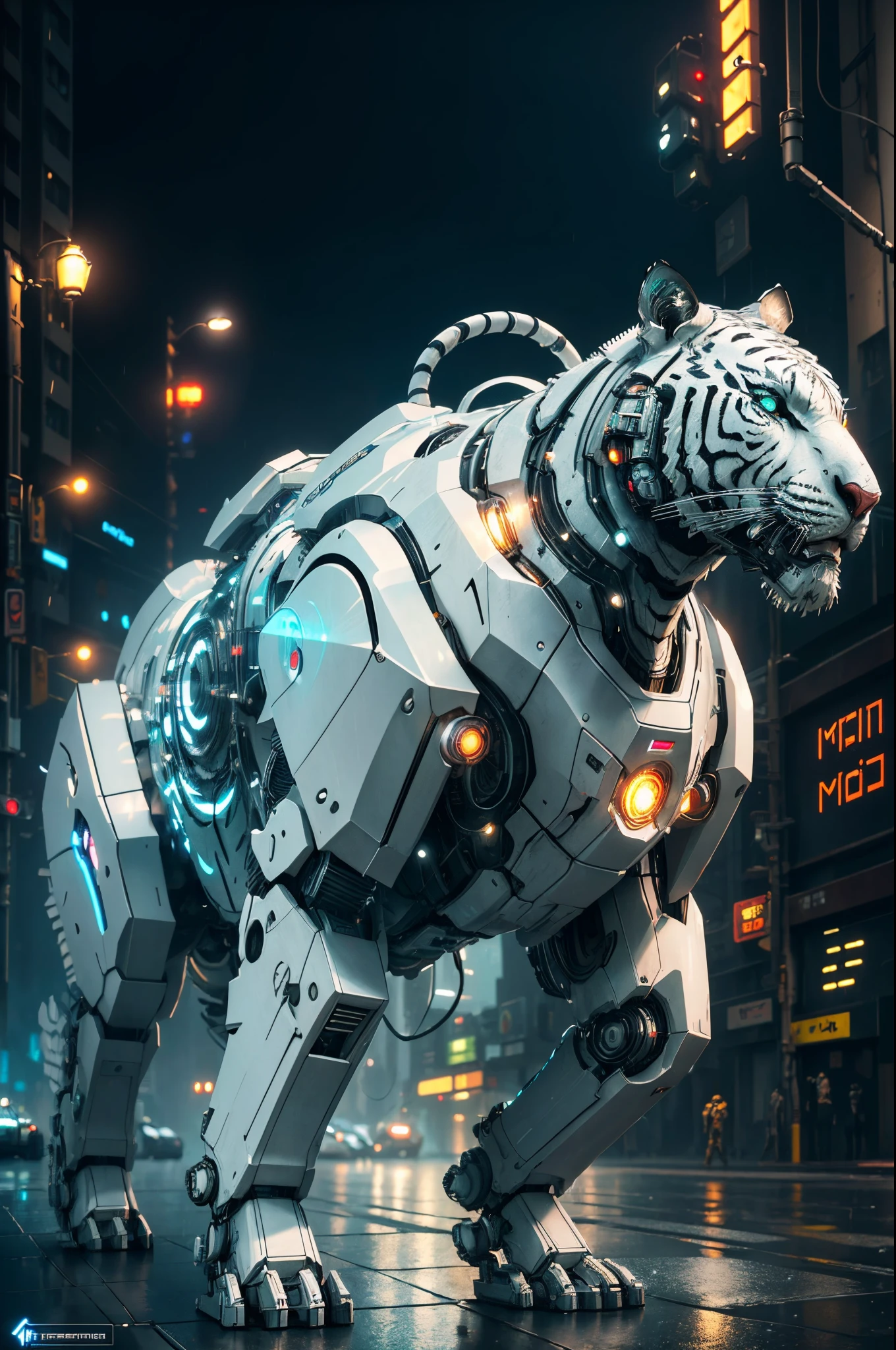 masterpiece, award winning CGI, highly detailed, centered, (robotic white tiger:1.3), Mech4nim4lAI, robotic flesh, cyberpunk theme, sci-fi, cyberpunk street city background, night, rain, neon light, volumetric lighting, global illumination, bokeh, (epic composition, epic proportion), HD
