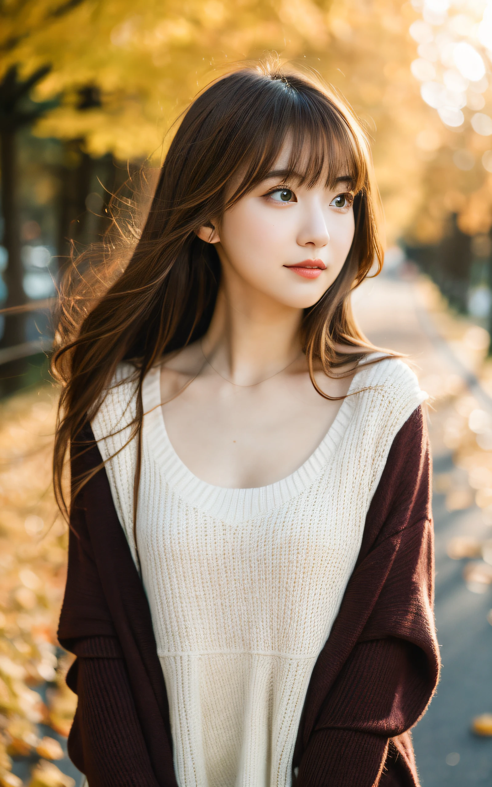 masutepiece, Best Quality, 8K, 1 girl, in autumn, Tree-lined avenue of autumn leaves, out of focus, 18 yo, medium breasts⁩, Mouth slightly open, cute little, Solo, sad, Clothes that look good in autumn, Cute, Girly, Delicate girl, Neat and clean beauty, Raw photo, Professional Photography, Portrait, Soft light, Professional Lighting, Back lighting, Upper body, see the beholder, Sophisticated, Film grain, (Eyes and faces with detailed:1.0), Medium hair swaying in the wind, beautiful flowing brown hair, Bangs