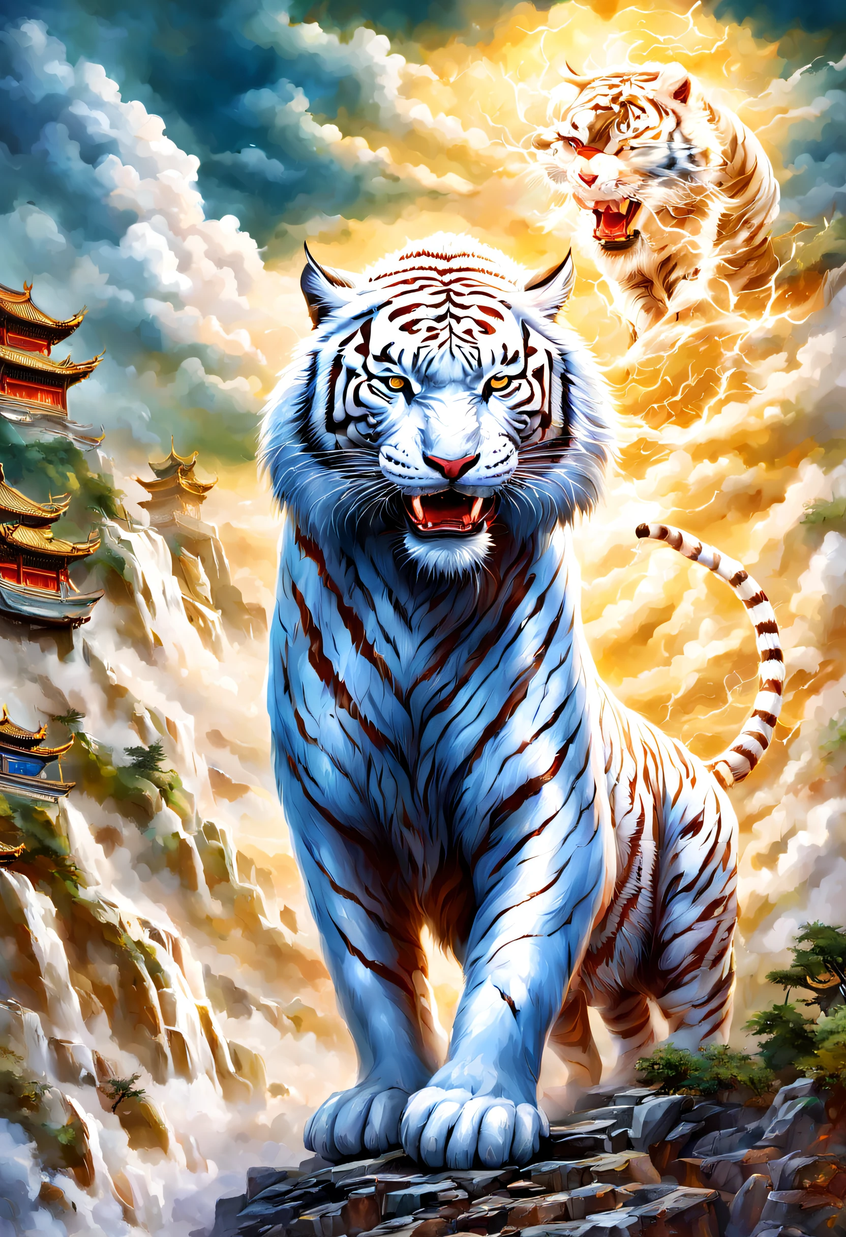 Dahuang Cave Scripture，A mythical beast in Chinese mythology(the white tiger), The white tiger is like a huge white tiger，Huge and powerful。It has a majestic body and sharp claws，The whole body is covered with fur as white as snow，White tigers usually have a pair of short horns on their heads，Lightning flashed from eyes，Surrounded by lightning，There are white clouds all around，dreamland wonderland、Genting Heavenly Palace，The mountain is very steep，strange rocks，dream-like，Ogre、square shapes、Riding，Faraway view，(Best quality,tmasterpiece, iintricate,hyper-detailing，RAW photos,8K，hyper HD,超高分辨率,Realisticstyle,Cinematic scenes, Focus sharp,dramatic lights,Extremely detailed CG unified wallpaper，Chinese color，The colors are bright，bright，Traditional Chinese elements，((Ancient murals))，Illustrative myths，Fuyao Legend，Dappled light，Hazy haze，Mystic aura，tmasterpiece，k hd，many color，Detailed details，Seven colors)