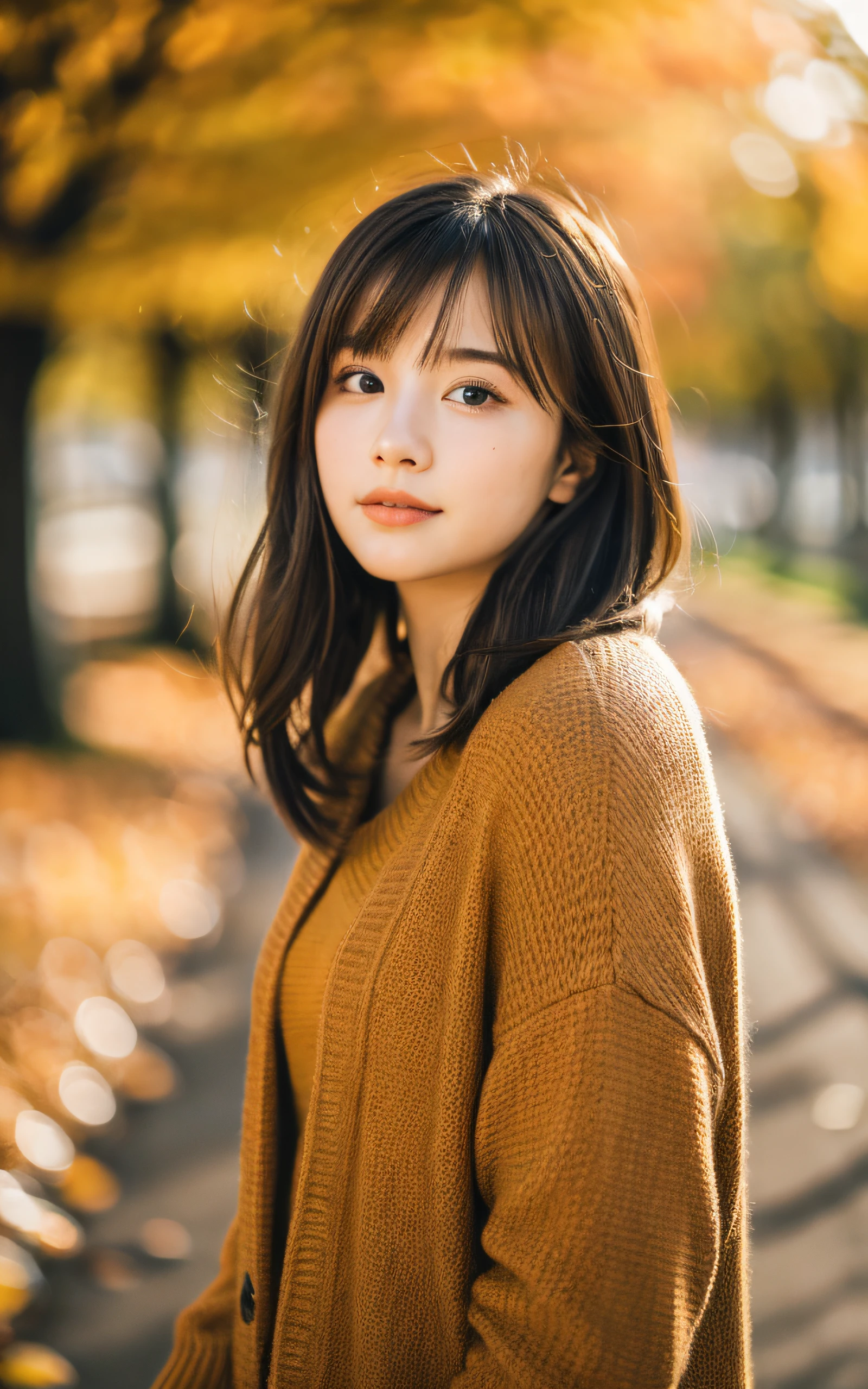 masutepiece, Best Quality, 8K, 1 girl, in autumn, Tree-lined avenue of autumn leaves, out of focus, 18 yo, medium breasts, Mouth slightly open, cute little, Solo, sad, Clothes that look good in autumn, Cute, Girly, Delicate girl, Neat and clean beauty, Raw photo, Professional Photography, Portrait, Soft light, Professional Lighting, Back lighting, Upper body, see the beholder, Sophisticated, Film grain, (Eyes and faces with detailed:1.0), Medium hair swaying in the wind, beautiful flowing brown hair, Bangs