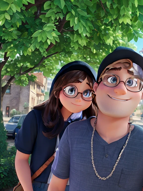 Couple disney pixar. The girl is wearing a glasses and the guy is wearing a backward cap the guy don't have glasses. With the background of the trees in the street. 3d image