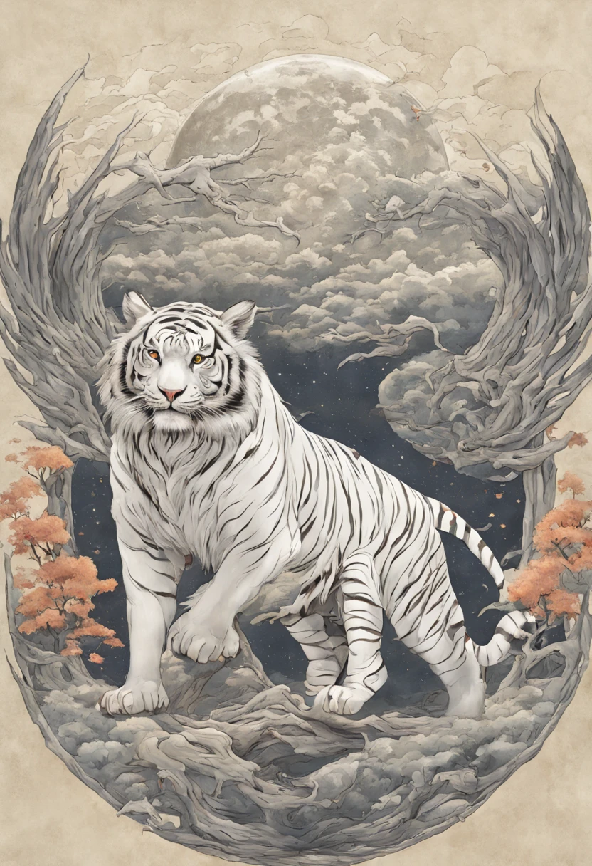 silver zodiac tiger，The background is the full moon,（（Huge white wings））Fly in the air， author：ghana trip, Tigre_beastly, traditional japanese concept art, 3 0, Huge white tiger, Very detailed official artwork, Large tube wood peach style, full color digital illustration, Inspired by Luo Mu, author：Kan Lee, digital painting very detailed, A beautiful artistic illustration