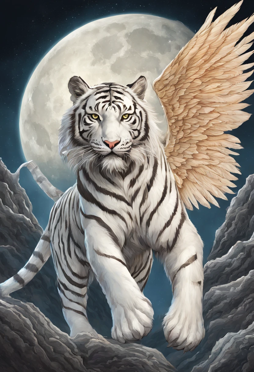 silver zodiac tiger，The background is the full moon,（（Huge white wings））Fly in the air， author：ghana trip, Tigre_beastly, traditional japanese concept art, 3 0, Huge white tiger, Very detailed official artwork, Large tube wood peach style, full color digital illustration, Inspired by Luo Mu, author：Kan Lee, digital painting very detailed, A beautiful artistic illustration