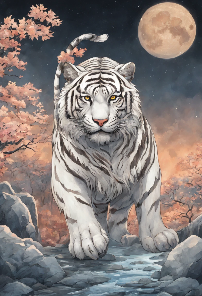 silver zodiac tiger，The background is the full moon,（（Huge white wings））Fly in the air， author：ghana trip, Tigre_beastly, traditional japanese concept art, 3 0, Huge white tiger, Very detailed official artwork, Large tube wood peach style, full color digital illustration, Inspired by Luo Mu, author：Kan Lee, digital painting very detailed, A beautiful artistic illustration