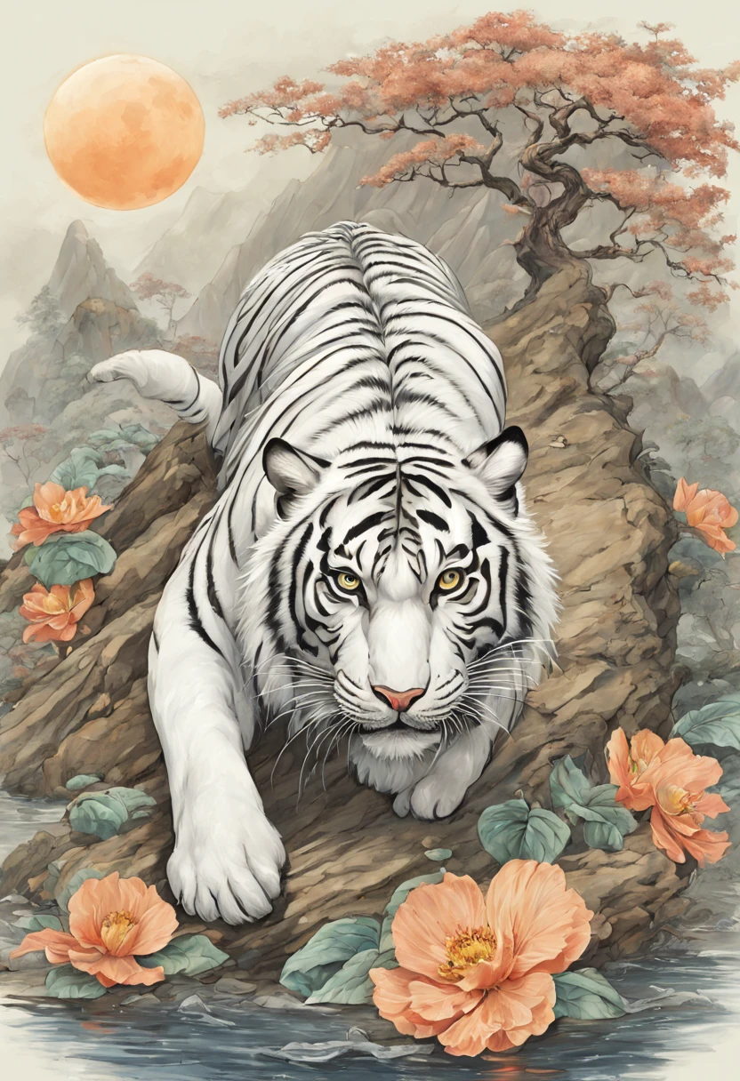 silver zodiac tiger,The background is the full moon,((Huge white wings))Fly in the air, author:ghana trip, Tigre_beastly, traditional japanese concept art, 3 0, Huge white tiger, Very detailed official artwork, Large tube wood peach style, full color digital illustration, Inspired by Luo Mu, author:Kan Lee, digital painting very detailed, A beautiful artistic illustration