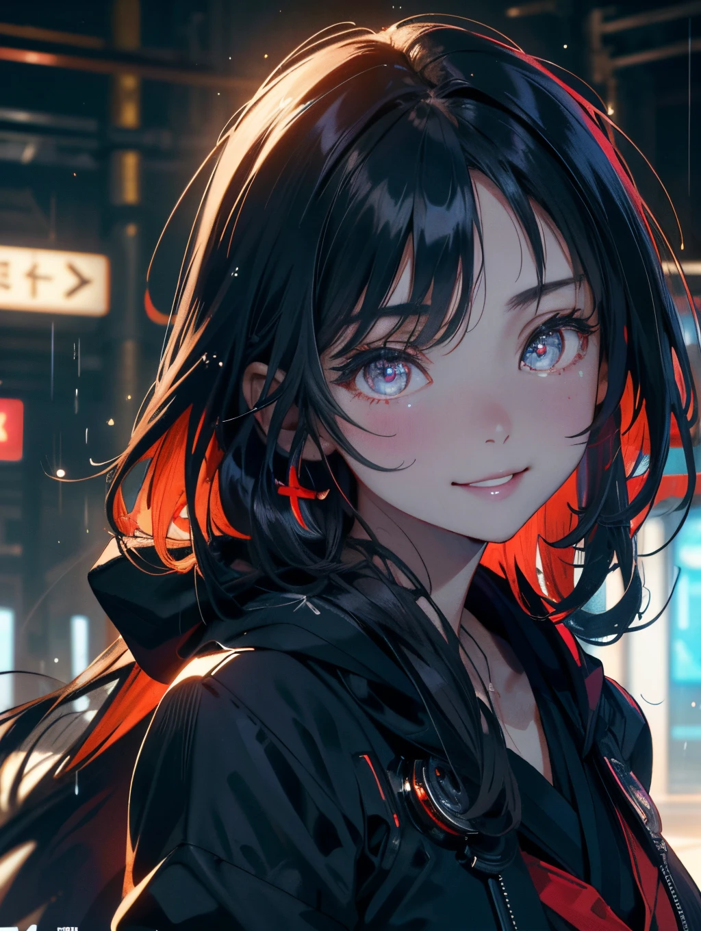 Masterpiece, 1 Beautiful Girl, Detailed, Swollen Eyes, Best Quality, Ultra High Resolution, (Reality: 1.4), Original Photo, 1Girl, Cinematic Lighting, Smiling, Japanese, Asian Beauty, Korean, Neat, Very Beautiful, Slightly Young Face, Beautiful Skin, Slender, Cyberpunk Background, (ultra realistic), (illustration), (high resolution), (8K), (very detailed), (best illustration), (beautifully detailed eyes), (super detailed), (wallpaper), (detailed face), viewer looking, fine detail, detailed face, pureerosfaceace_v1, smiling, 46 point slanted bangs, facing straight ahead facing, neat clothes, dark colored eyes, hair wet from rain, black hoodie with red lightning pattern, body facing forward,齊藤京子、